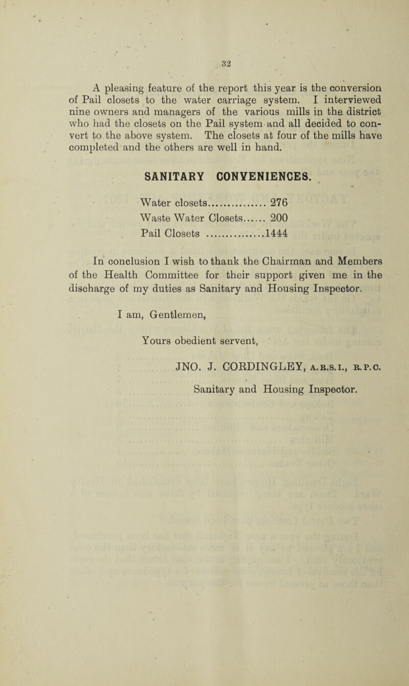 A pleasing feature of the report this year is the conversion of Pail closets to the water carriage system. I interviewed nine owners and managers of the various mills in the district who had the closets on the Pail system and all decided to con¬ vert to the above system. The closets at four of the mills have completed and the others are well in hand. SANITARY CONVENIENCES. Water closets. 276 WasteWater Closets. 200 Pail Closets ......1444 In conclusion I wish to thank the Chairman and Members of the Health Committee for their support given me in the discharge of my duties as Sanitary and Housing Inspector. I am, Gentlemen, Yours obedient servent, JNO. J. CORDINGLEY, a.r.s.i., r.p.o. Sanitary and Housing Inspector.