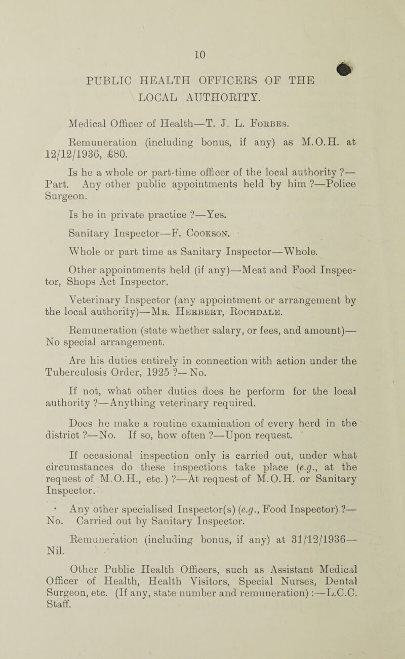 PUBLIC HEALTH OFFICERS OF THE LOCAL AUTHORITY. Medical Officer of Health—T. J. L. Forbes. Remuneration (including bonus, if any) as M.O.H. at> 12/12/1936, £80. Is he a whole or part-time officer of the local authority ? — Part. Any other public appointments held by him ?—Police Surgeon. Is he in private practice ?—Yes. Sanitary Inspector—F. Cookson. Whole or part time as Sanitary Inspector—Whole. Other appointments held (if any)—Meat and Food Inspec¬ tor, Shops Act Inspector. Veterinary Inspector (any appointment or arrangement by the local authority)—Mr. Herbert, Rochdale. Remuneration (state whether salary, or fees, and amount)— No special arrangement. Are his duties entirely in connection with action under the Tuberculosis Order, 1925 ?—No. If not, what other duties does he perform for the local authority ?—Anything veterinary required. Does he make a routine examination of every herd in the district ?—No. If so, how often ?—Upon request. If occasional inspection only is carried out, under what circumstances do these inspections take place (e.g., at the request of M.O.H., etc.)?—At request of M.O.H. or Sanitary Inspector. • Any other specialised Inspector(s) (e.g., Food Inspector) ?— No. Carried out by Sanitary Inspector. Remuneration (including bonus, if any) at 31/12/1936— Nil. Other Public Health Officers, such as Assistant Medical Officer of Health, Health Visitors, Special Nurses, Dental Surgeon, etc. (If any, state number and remuneration) :—L.C.C. Staff.