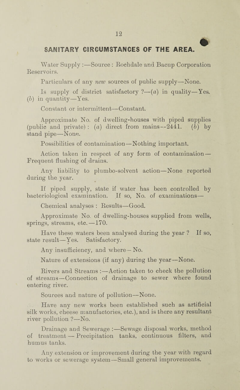 * SAMTARY CIRCUMSTANCES OF THE AREA. Water Supply :—Source : Rochdale and Bacup Corporation Reservoirs. Particulars of any new sources of public supply—None. Is supply of district satisfactory ?—(a) in quality—Yes. (b) in quantity—Yes. Constant or intermittent—-Constant. Approximate No. of dwelling-houses with piped supplies (public and private) : (a) direct from mains—2441. (b) by stand pipe—None. Possibilities of contamination—Nothing important. Action taken in respect of any form of contamination — Prequent flushing of drains. Any liability to plumbo-solvent action—None reported during the year. If piped supply, state if water has been controlled by bacteriological examination. If so, No. of examinations— Chemical analyses : Results—Good. Approximate No. of dwelling-houses supplied from wells, springs, streams, etc.—170. Have these waters been analysed during the year ? If so, state result—Yes. Satisfactory. Any insufficiency, and where— No. Nature of extensions (if any) during the year—None. Rivers and Streams :—Action taken to check the pollution of streams—Connection of drainage to sewer where found entering river. Sources and nature of pollution—None. Have any new works been established such as artificial silk works, cheese manufactories, etc.), and is there any resultant river pollution ?—No. Drainage and Sewerage :—Sewage disposal works, method of treatment — Precipitation tanks, continuous filters, and humus tanks. Any extension or improvement during the year with regard to works or sewerage system—Small general improvements.