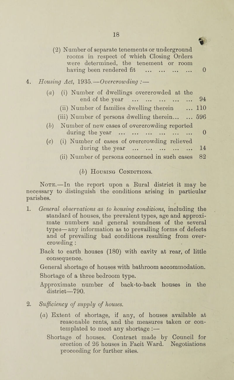 (2) Number of separate tenements or underground rooms in respect of which Closing Orders were determined, the tenement or room having been rendered fit . 0 4. Housing Act, 1935.—Overcrowding :— (a) (i) Number of dwellings overcrowded at the end of the year . 94 (ii) Number of families dwelling therein ... 110 (iii) Number of persons dwelling therein.596 (b) Number of new cases of overcrowding reported during the year . 0 (c) (i) Number of cases of overcrowding relieved during the year . 14 (ii) Number of persons concerned in such cases 82 (b) Housing Conditions. Note.—In the report upon a Eural district it may be necessary to distinguish the conditions arising in particular parishes. 1. General observations as to housing conditions, including the standard of houses, the prevalent types, age and approxi¬ mate numbers and general soundness of the several types—any information as to prevailing forms of defects and of prevailing bad conditions resulting from over¬ crowding : Back to earth houses (180) with cavity at rear, of little consequence. General shortage of houses with bathroom accommodation. Shortage of a three bedroom type. Approximate number of back-to-back houses in the district—790. 2. Sufficiency of supply of houses. (a) Extent of shortage, if any, of houses available at reasonable rents, and the measures taken or con¬ templated to meet any shortage :— Shortage of houses. Contract made by Council for erection of 26 houses in Facit Ward. Negotiations proceeding for further sites.