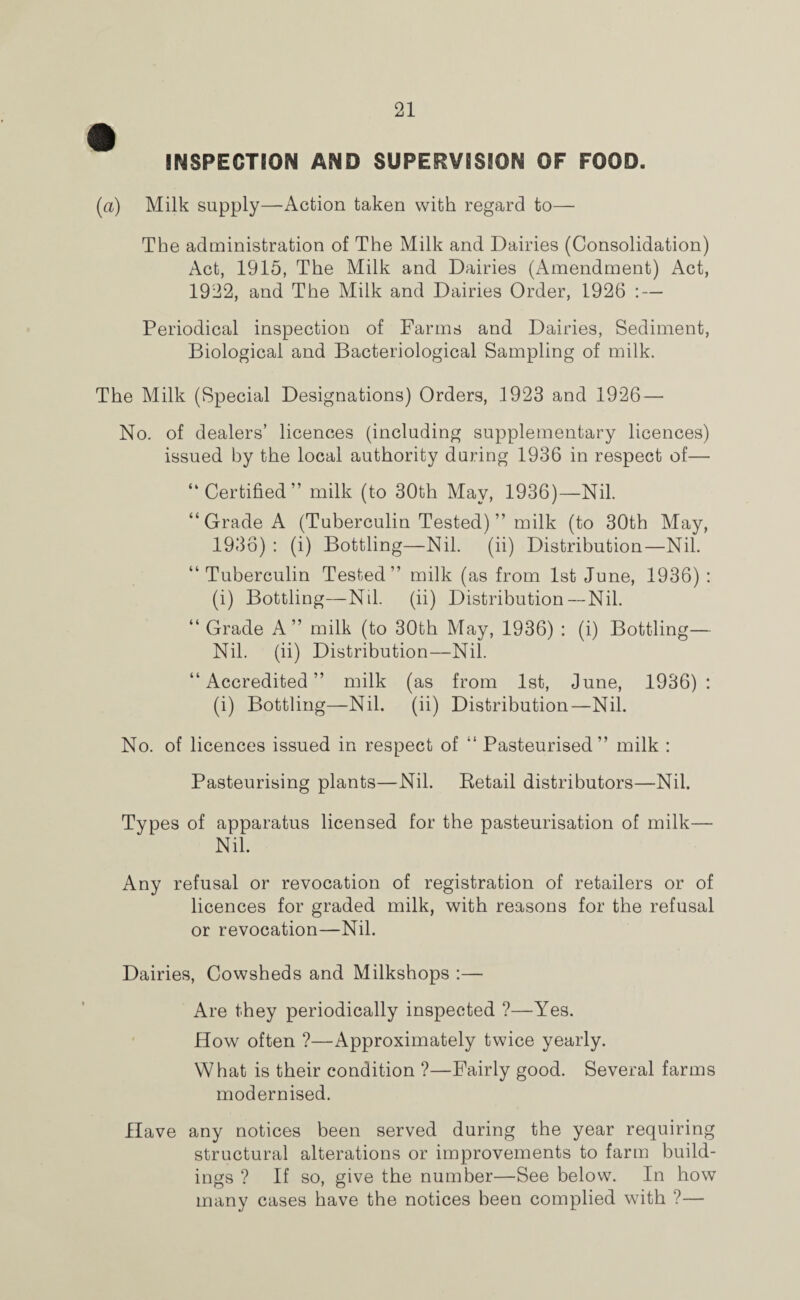 INSPECTION AND SUPERVISION OF FOOD. (a) Milk supply—Action taken with regard to— The administration of The Milk and Dairies (Consolidation) Act, 1915, The Milk and Dairies (Amendment) Act, 1922, and The Milk and Dairies Order, 1926 : — Periodical inspection of Farms and Dairies, Sediment, Biological and Bacteriological Sampling of milk. The Milk (Special Designations) Orders, 1923 and 1926 — No. of dealers’ licences (including supplementary licences) issued by the local authority during 1936 in respect of—• “Certified” milk (to 30th May, 1936)—Nil. “Grade A (Tuberculin Tested) ” milk (to 30th May, 1936) : (i) Bottling—Nil. (ii) Distribution—Nil. “Tuberculin Tested” milk (as from 1st June, 1936) : (i) Bottling—Nd. (ii) Distribution —Nil. “ Grade A” milk (to 30th May, 1936) : (i) Bottling— Nil. (ii) Distribution—Nil. “Accredited” milk (as from 1st, June, 1936): (i) Bottling—Nil. (ii) Distribution—Nil. No. of licences issued in respect of “ Pasteurised” milk : Pasteurising plants—Nil. Retail distributors—Nil. Types of apparatus licensed for the pasteurisation of milk— Nil. Any refusal or revocation of registration of retailers or of licences for graded milk, with reasons for the refusal or revocation—Nil. Dairies, Cowsheds and Milkshops :— Are they periodically inspected ?—Yes. How often ?—Approximately twice yearly. What is their condition ?—Fairly good. Several farms modernised. Have any notices been served during the year requiring structural alterations or improvements to farm build¬ ings ? If so, give the number—See below. In how many cases have the notices been complied with ?—