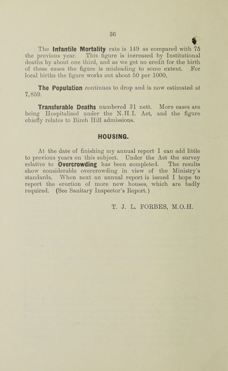 I The Infantile Mortality rate is 149 as compared with 75 the previous year. This figure is increased by Institutional deaths by about one third, and as we get no credit for the birth of these cases the figure is misleading to some extent. For local births the figure works out about 50 per 1000, The Population continues to drop and is now estimated at 7,859. Transferable Deaths numbered 31 nett. More cases are being Hospitalised under the N.H.I. Act, and the figure chiefly relates to Birch Hill admissions. HOUSING. At the date of finishing my annual report I can add little to previous years on this subject. Under the Act the survey relative to Overcrowding has been completed. The results show considerable overcrowding in view of the Ministry’s standards. When next an annual report is issued I hope to report the erection of more new houses, which are badly required. (See Sanitary Inspector’s Report.) T. J. L. FORBES, M.O.H.