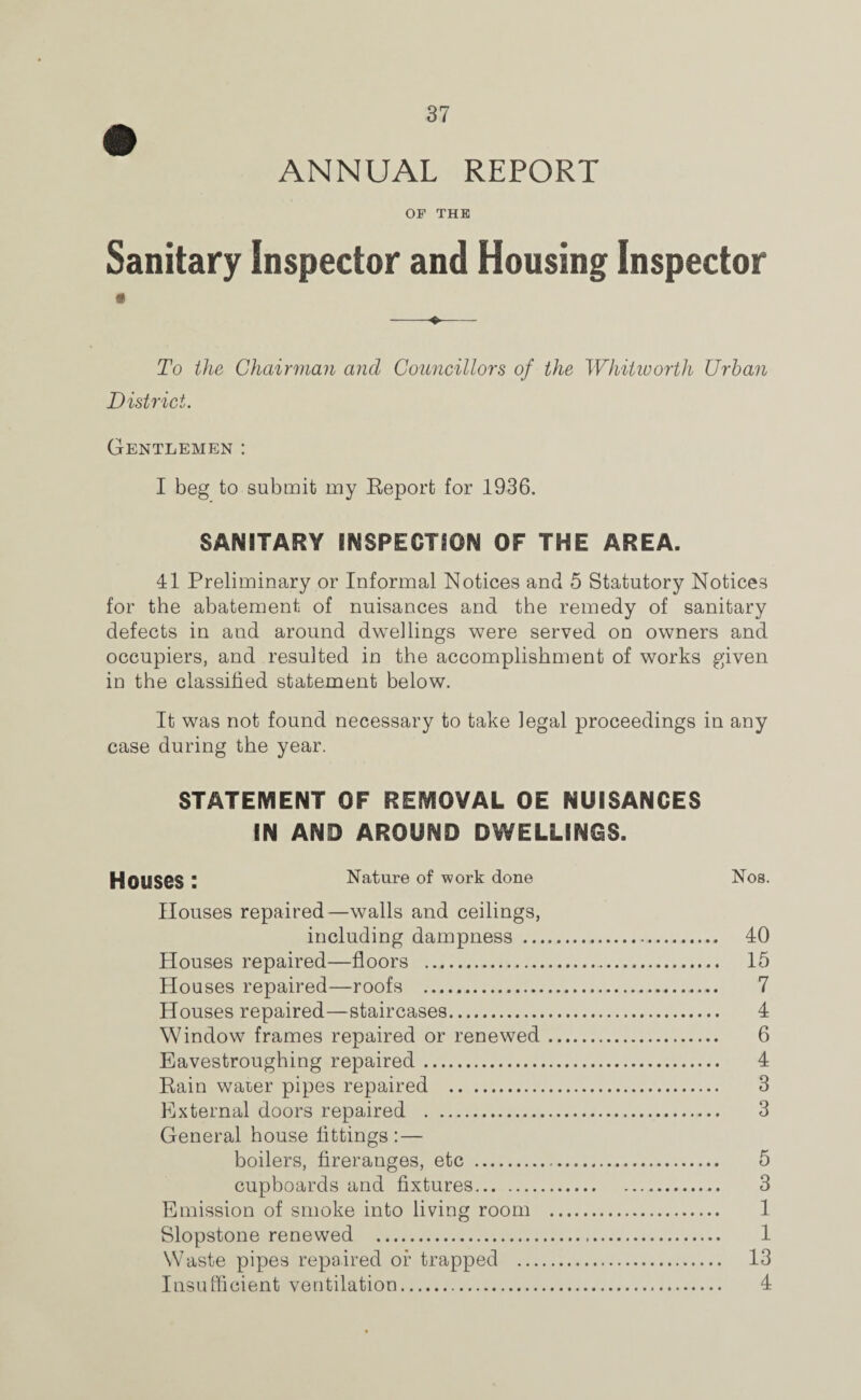 ANNUAL REPORT or THE Sanitary Inspector and Housing Inspector « To the Chairman and Councillors of the Whitworth Urban District. Gentlemen : I beg to submit my Report for 1936. SANITARY INSPECTION OF THE AREA. 41 Preliminary or Informal Notices and 5 Statutory Notices for the abatement of nuisances and the remedy of sanitary defects in and around dwellings were served on owners and occupiers, and resulted in the accomplishment of works given in the classified statement below. It was not found necessary to take legal proceedings in any case during the year. STATEMENT OF REMOVAL OE NUISANCES IN AND AROUND DWELLINGS. HOUSCS ; Nature of work done Nos. Houses repaired—walls and ceilings, including dampness . 40 Houses repaired—floors . 15 Houses repaired—roofs . 7 Houses repaired—staircases. 4 Window frames repaired or renewed. 6 Eavestroughing repaired. 4 Rain warer pipes repaired . 3 External doors repaired . 3 General house fittings :— boilers, fireranges, etc . 5 cupboards and fixtures. 3 Emission of smoke into living room . 1 Slopstone renewed . 1 Waste pipes repaired or trapped . 13 Insufficient ventilation. 4