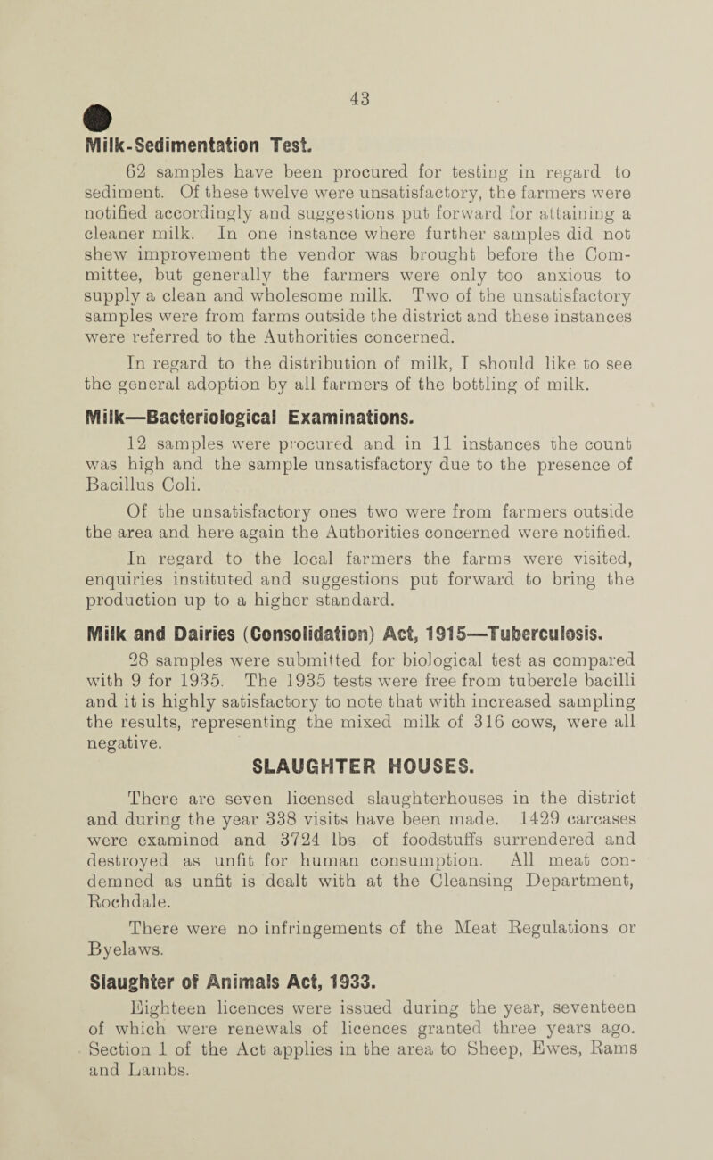 Milk-Sedimentation Test- 62 samples have been procured for testing in regard to sediment. Of these twelve were unsatisfactory, the farmers were notified accordingly and suggestions put forward for attaining a cleaner milk. In one instance where further samples did not shew improvement the vendor was brought before the Com¬ mittee, but generally the farmers were only too anxious to supply a clean and wholesome milk. Two of the unsatisfactory samples were from farms outside the district and these instances were referred to the Authorities concerned. In regard to the distribution of milk, I should like to see the general adoption by all farmers of the bottling of milk. Milk—Bacteriological Examinations. 12 samples were procured and in 11 instances the count was high and the sample unsatisfactory due to the presence of Bacillus Coli. Of the unsatisfactory ones two were from farmers outside the area and here again the Authorities concerned were notified. In regard to the local farmers the farms were visited, enquiries instituted and suggestions put forward to bring the production up to a higher standard. Milk and Dairies (Consolidation) Act, 1915—Tuberculosis. 28 samples were submitted for biological test as compared wfith 9 for 1935. The 1935 tests were free from tubercle bacilli and it is highly satisfactory to note that with increased sampling the results, representing the mixed milk of 316 cows, were all negative. SLAUGHTER HOUSES. There are seven licensed slaughterhouses in the district and during the year 338 visits have been made. 1429 carcases were examined and 3724 lbs of foodstuffs surrendered and destroyed as unfit for human consumption. All meat con¬ demned as unfit is dealt with at the Cleansing Department, Rochdale. There were no infringements of the Meat Regulations or Byelaws. Slaughter of Animals Act, 1933. Eighteen licences were issued during the year, seventeen of which were renewals of licences granted three years ago. Section 1 of the Act applies in the area to Sheep, Ewes, Rams and Lambs.