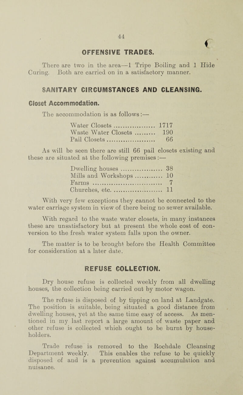 4 OFFENSIVE TRADES. There are two in the area—1 Tripe Boiling and 1 Hide Caring. Both are carried on in a satisfactory manner. SANITARY CIRCUMSTANCES AND CLEANSING. Closet Accommodation. The accommodation is as follows:— Water Closets. 1717 Waste Water Closets . 190 Pail Closets. 66 As will be seen there are still 66 pail closets existing and these are situated at the following premises:— Dwelling houses . 38 Mills and Workshops. 10 Farms . 7 Churches, etc. 11 With very few exceptions they cannot be connected to the water carriage system in view of there being no sewer available. With regard to the waste water closets, in many instances these are unsatisfactory but at present the whole cost of con¬ version to the fresh water system falls upon the owner. The matter is to be brought before the Health Committee for consideration at a later date. REFUSE COLLECTION. Dry house refuse is collected weekly from all dwelling houses, the collection being carried out by motor wagon. The refuse is disposed of by tipping on land at Landgate. The position is suitable, being situated a good distance from dwelling houses, yet at the same time easy of access. As men¬ tioned in my last report a large amount of waste paper and other refuse is collected which ought to be burnt by house¬ holders. Trade refuse is removed to the Rochdale Cleansing Department weekly. This enables the refuse to be quickly disposed of and is a prevention against accumulation and nuisance.