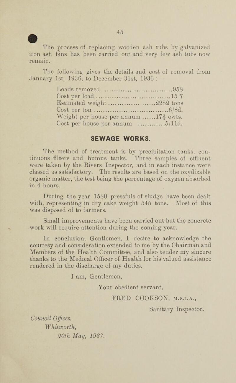 The process of replacing wooden ash tubs by galvanized iron ash bins has been carried out and very few ash tubs now remain. The following gives the details and cost of removal from January 1st, 1936, to December 31st, 1936 :— Loads removed .958 Cost per load.15 7 Estimated weight.2282 tons Cost per ton .6/8d. Weight per house per annum.17f cwts. Cost per house per annum .5/1 Id. SEWAGE WORKS. The method of treatment is by precipitation tanks, con¬ tinuous filters and humus tanks. Three samples of effluent were taken by the Livers Inspector, and in each instance were classed as satisfactory. The results are based on the oxydizable organic matter, the test being the percentage of oxygen absorbed in 4 hours. During the year 1580 pressfuls of sludge have been dealt with, representing in dry cake weight 545 tons. Most of this was disposed of to farmers. Small improvements have been carried out but the concrete work will require attention during the coming year. In conclusion, Gentlemen, I desire to acknowledge the courtesy and consideration extended to me by the Chairman and Members of the Health Committee, and also tender my sincere thanks to the Medical Officer of Health for his valued assistance rendered in the discharge of my duties. I am, Gentlemen, Your obedient servant, FLED COOKSON, m.s.i.a., Council Offices, Whitworth, 20th May, 1937. Sanitary Inspector.