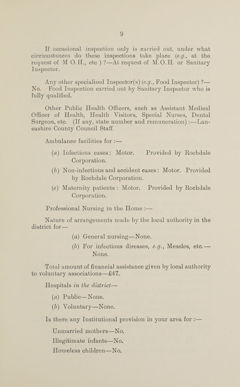 If occasional inspection only is carried out, under what circumstances do these inspections take place (e.g., at the request of M O.H., etc.) ?—At request of M.O.H. or Sanitary Inspector. Any other specialised Inspector(s) (e.g., Food Inspector) ?— No. Food Inspection carried out by Sanitary Inspector who is fully qualified. Other Public Health Officers, such as Assistant Medical Officer of Health, Health Visitors, Special Nurses, Dental Surgeon, etc. (If any, state number and remuneration):—Lan¬ cashire County Council Staff. Ambulance facilities for :— (a) Infectious cases: Motor. Provided by Rochdale Corporation. (b) Non-infectious and accident cases : Motor. Provided by Rochdale Corporation. (c) Maternity patients : Motor. Provided by Rochdale Corporation. Professional Nursing in the Home :— Nature of arrangements made by the local authority in the district for— (a) General nursing—None. (b) For infectious diseases, e.g., Measles, etc.— None. Total amount of financial assistance given by local authority to voluntary associations—£47. Hospitals in the district— (a) Public—None. (b) Voluntary—None. Is there any Institutional provision in your area for :— Unmarried mothers—No. Illegitimate infants—No. Homeless children—No.