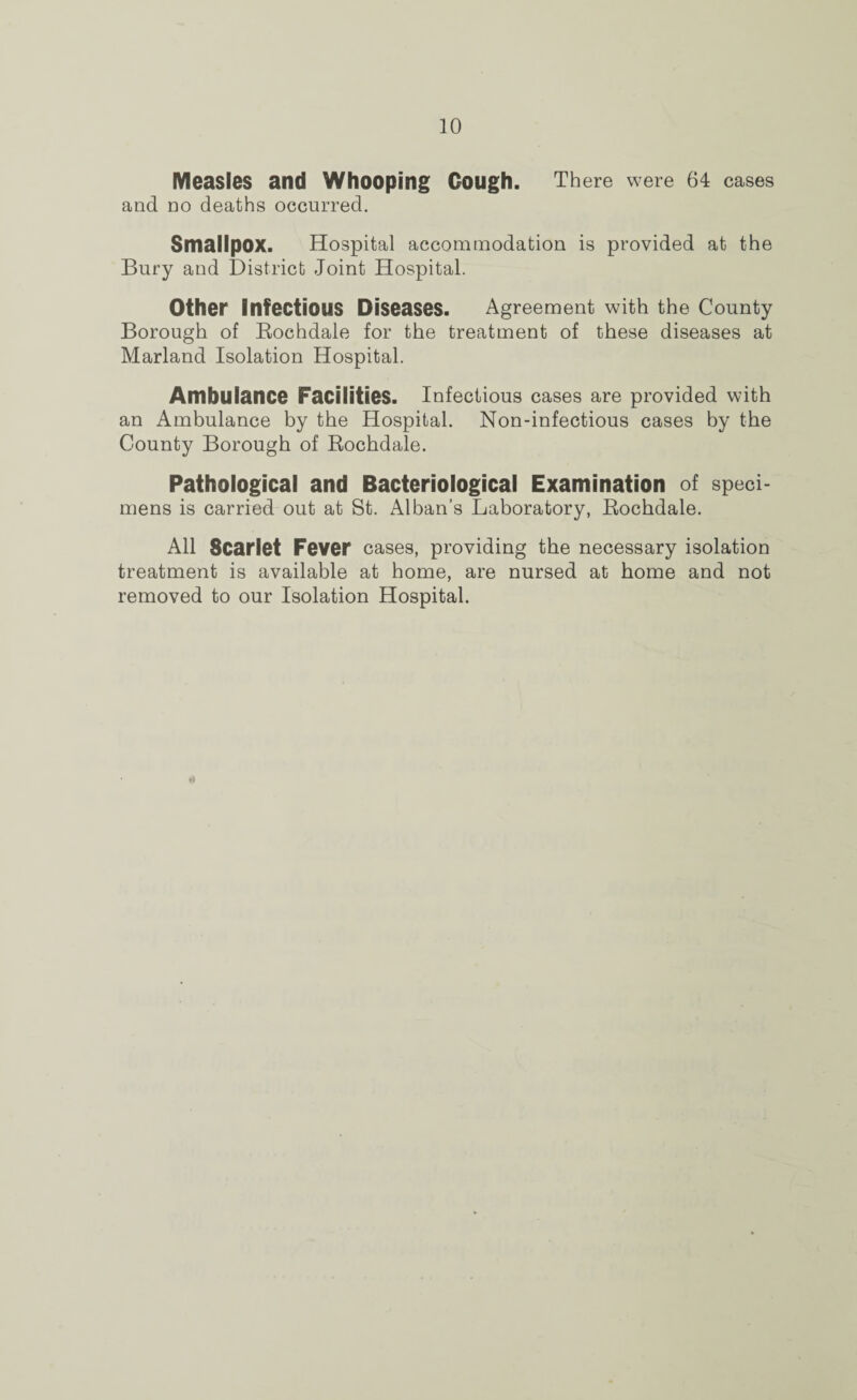 Measles and Whooping Cough. There were 64 cases and no deaths occurred. Smallpox. Hospital accommodation is provided at the Bury and District Joint Hospital. Other Infectious Diseases. Agreement with the County Borough of Bochdale for the treatment of these diseases at Marland Isolation Hospital. Ambulance Facilities. Infectious cases are provided with an Ambulance by the Hospital. Non-infectious cases by the County Borough of Bochdale. Pathological and Bacteriological Examination of speci¬ mens is carried out at St. Alban’s Laboratory, Bochdale. All Scarlet Fever cases, providing the necessary isolation treatment is available at home, are nursed at home and not removed to our Isolation Hospital.