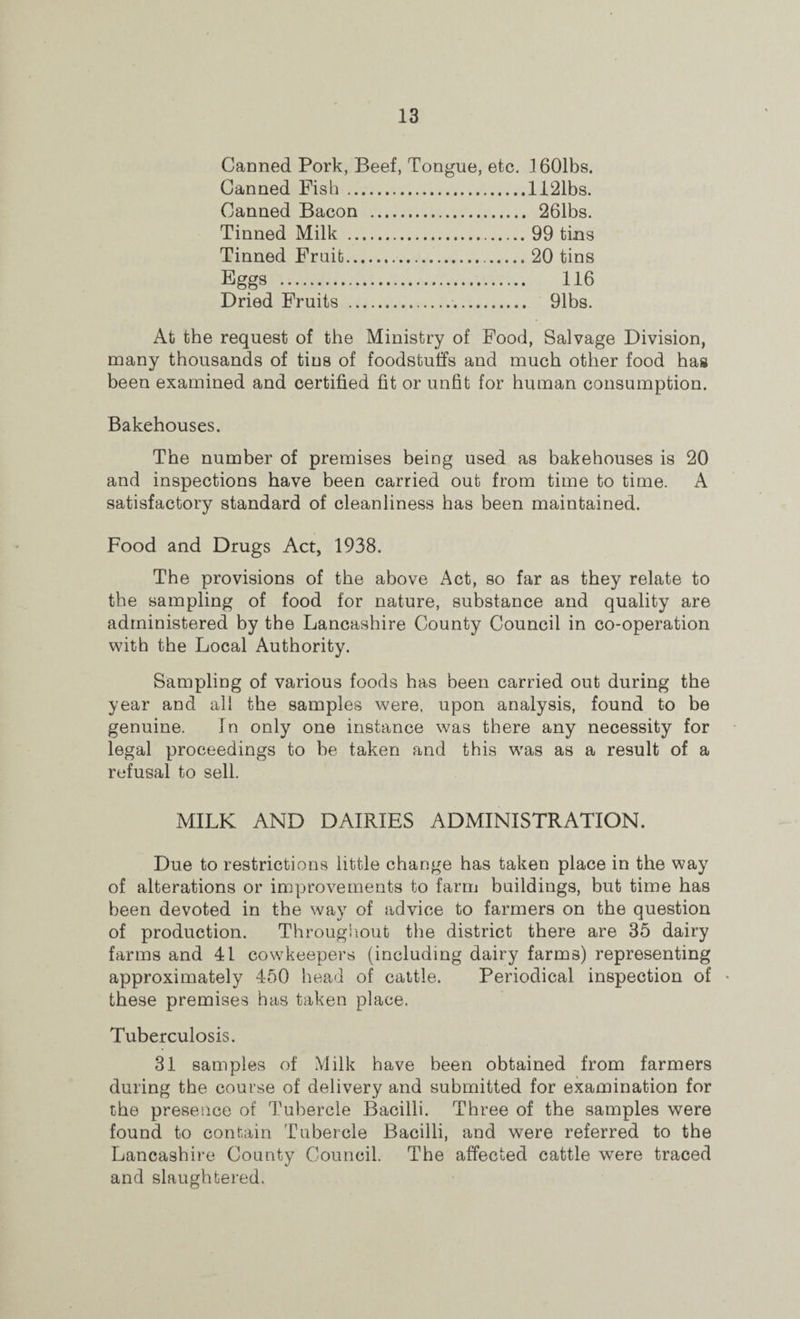 Canned Pork, Beef, Tongue, etc, 1601bs. Canned Fish.1121bs. Canned Bacon . 261bs. Tinned Milk .99 tins Tinned Fruit...20 tins Eggs . 116 Dried Fruits . 91bs. At the request of the Ministry of Food, Salvage Division, many thousands of tins of foodstuffs and much other food has been examined and certified fit or unfit for human consumption. Bakehouses. The number of premises being used as bakehouses is 20 and inspections have been carried out from time to time. A satisfactory standard of cleanliness has been maintained. Food and Drugs Act, 1938. The provisions of the above Act, so far as they relate to the sampling of food for nature, substance and quality are administered by the Lancashire County Council in co-operation with the Local Authority. Sampling of various foods has been carried out during the year and all the samples were, upon analysis, found to be genuine. fn only one instance was there any necessity for legal proceedings to be taken and this was as a result of a refusal to sell. MILK AND DAIRIES ADMINISTRATION. Due to restrictions little change has taken place in the way of alterations or improvements to farm buildings, but time has been devoted in the way of advice to farmers on the question of production. Throughout the district there are 35 dairy farms and 41 cowkeepers (including dairy farms) representing approximately 450 head of cattle. Periodical inspection of these premises has taken place. Tuberculosis. 31 samples of Milk have been obtained from farmers during the course of delivery and submitted for examination for the presence of Tubercle Bacilli. Three of the samples were found to contain Tubercle Bacilli, and were referred to the Lancashire County Council. The affected cattle were traced and slaughtered.