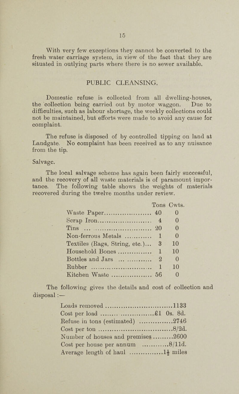 With very few exceptions they cannot be converted to the fresh water carriage system, in view of the fact that they are situated in outlying parts where there is no sewer available. PUBLIC CLEANSING. Domestic refuse is collected from all dwelling-houses, the collection being carried out by motor waggon. Due to difficulties, such as labour shortage, the weekly collections could not be maintained, but efforts were made to avoid any cause for complaint. The refuse is disposed of by controlled tipping on land at Landgate. No complaint has been received as to any nuisance from the tip. Salvage. The local salvage scheme has again been fairly successful, and the recovery of all waste materials is of paramount impor¬ tance. The following table shows the weights of materials recovered during the twelve months under review. Tons Cwts. Waste Paper. 40 0 Scrap Iron. 4 0 Tins ... . ‘20 0 Non-ferrous Metals . 1 0 Textiles (Rags, String, etc.)... 3 10 Household Bones. 1 10 Bottles and Jars . 2 0 Rubber . 1 10 Kitchen Waste . 56 0 The following gives the details and cost of collection and disposal Loads removed.1133 Cost per load .£1 0s. 8d. Refuse in tons (estimated) .2746 Cost per ton .8/2d. Number of houses and premises.2600 Cost per house per annum .8/lld. Average length of haul .miles