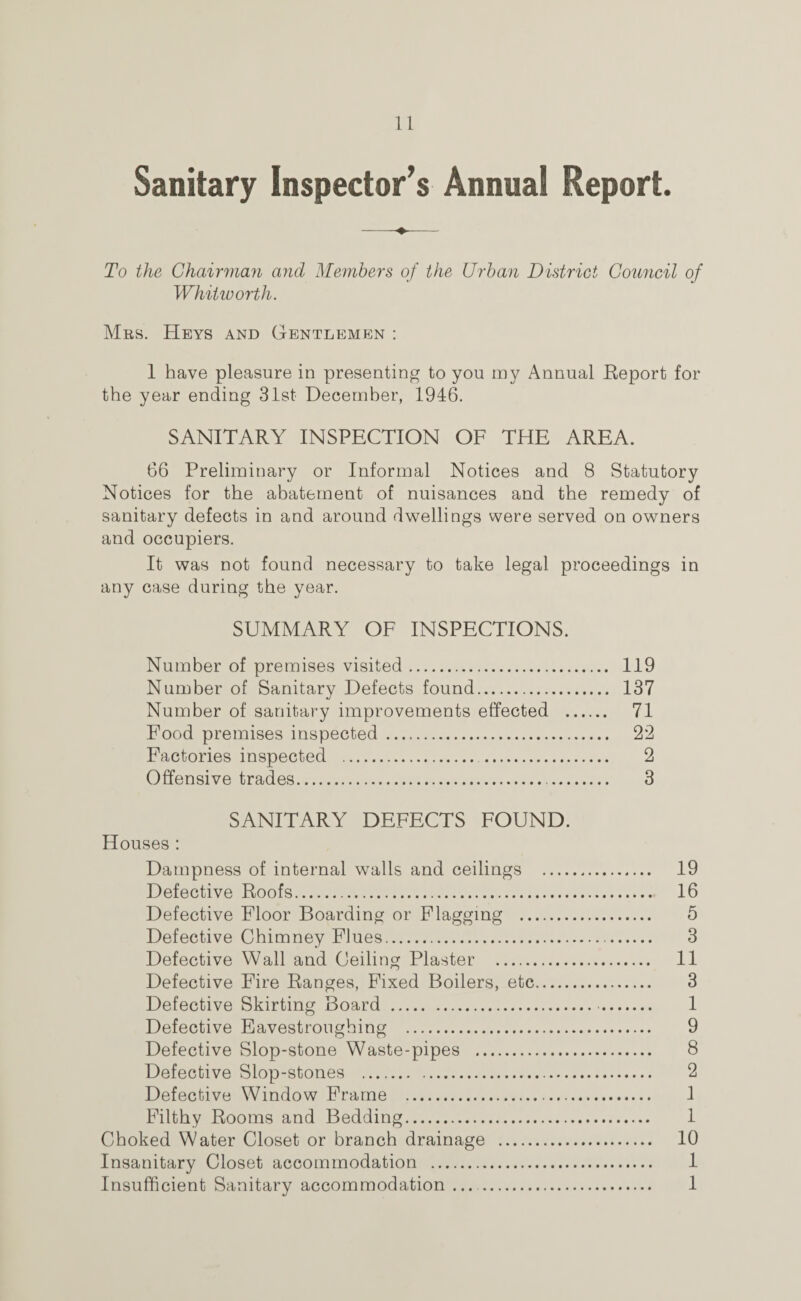 Sanitary Inspector’s Annual Report. To the Chairman and Members of the Urban District Council of Whitworth. Mrs. Heys and Gentlemen : 1 have pleasure in presenting to you my Annual Report for the year ending 31st December, 1946. SANITARY INSPECTION OF THE AREA. 66 Preliminary or Informal Notices and 8 Statutory Notices for the abatement of nuisances and the remedy of sanitary defects in and around dwellings were served on owners and occupiers. It was not found necessary to take legal proceedings in any case during the year. SUMMARY OF INSPECTIONS. Number of premises visited. 119 Number of Sanitary Defects found. 137 Number of sanitary improvements effected . 71 Food premises inspected . 22 Factories inspected . 2 Offensive trades. 3 SANITARY DEFECTS FOUND. Houses : Dampness of internal walls and ceilings ... 19 Defective Roofs. 16 Defective Floor Boarding or Flagging . 5 Defective Chimney Flues. 3 Defective Wall and Ceiling Plaster . 11 Defective Fire Ranges, Fixed Boilers, etc. 3 Defective Skirting Board . 1 Defective Eavestroughing . 9 Defective Slop-stone Waste-pipes . 8 Defective Slop-stones . 2 Defective Window Frame . 1 Filthy Rooms and Bedding. 1 Choked Water Closet or branch drainage . 10 Insanitary Closet accommodation . 1 Insufficient Sanitary accommodation. 1