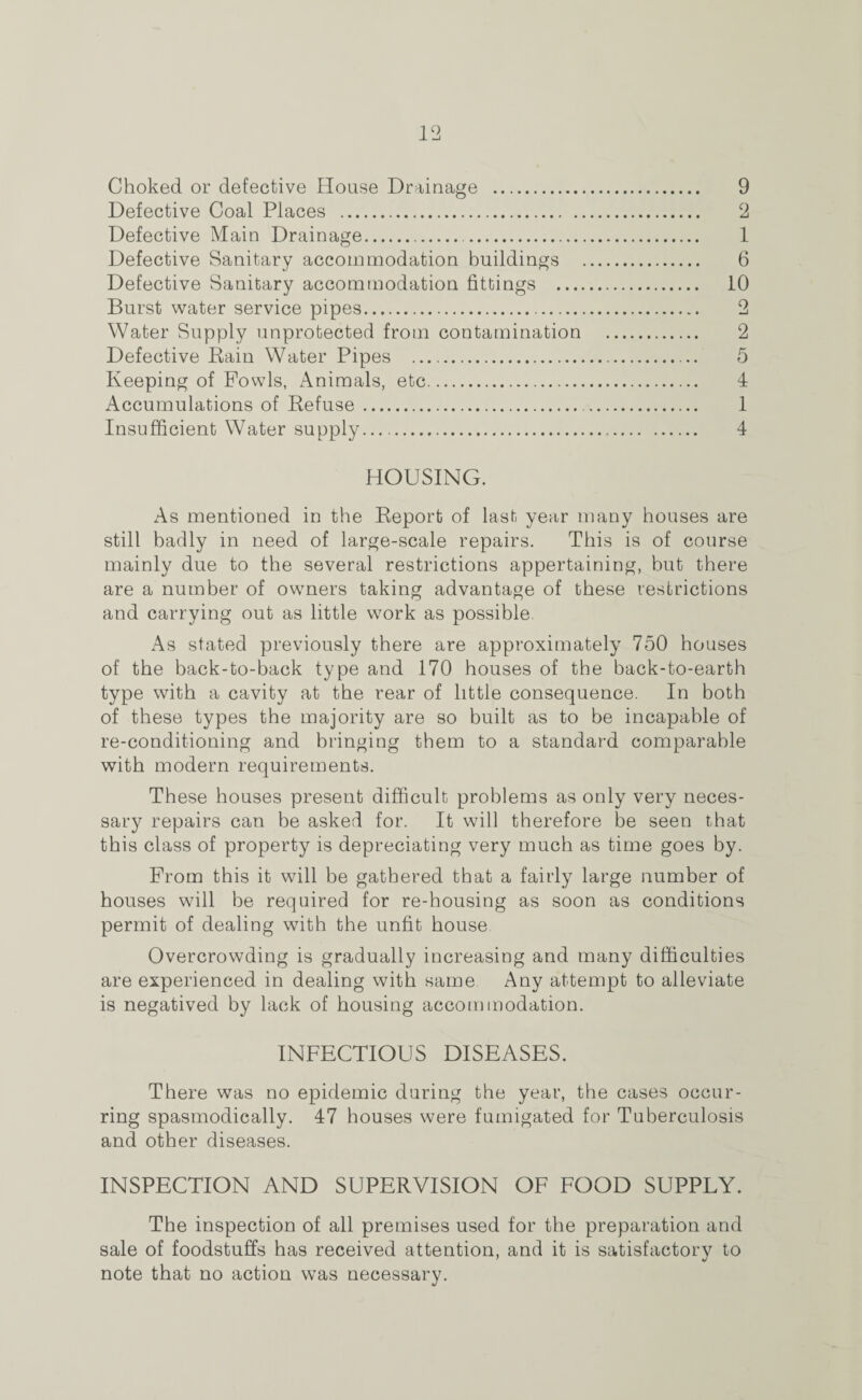 Choked or defective House Drainage . 9 Defective Coal Places . 2 Defective Main Drainage.. 1 Defective Sanitary accommodation buildings . 6 Defective Sanitary accommodation fittings . 10 Burst water service pipes.. 2 Water Supply unprotected from contamination . 2 Defective Rain Water Pipes . 5 Keeping of Fowls, Animals, etc. 4 Accumulations of Refuse. 1 Insufficient Water supply. 4 HOUSING. As mentioned in the Report of last year many houses are still badly in need of large-scale repairs. This is of course mainly due to the several restrictions appertaining, but there are a number of owners taking advantage of these restrictions and carrying out as little work as possible. As stated previously there are approximately 750 houses of the back-to-back type and 170 houses of the back-to-earth type with a cavity at the rear of little consequence. In both of these types the majority are so built as to be incapable of re-conditioning and bringing them to a standard comparable with modern requirements. These houses present difficult problems as only very neces¬ sary repairs can be asked for. It will therefore be seen that this class of property is depreciating very much as time goes by. From this it will be gathered that a fairly large number of houses will be required for re-housing as soon as conditions permit of dealing with the unfit house Overcrowding is gradually increasing and many difficulties are experienced in dealing with same Any attempt to alleviate is negatived by lack of housing accommodation. INFECTIOUS DISEASES. There was no epidemic during the year, the cases occur¬ ring spasmodically. 47 houses were fumigated for Tuberculosis and other diseases. INSPECTION AND SUPERVISION OF FOOD SUPPLY. The inspection of all premises used for the preparation and sale of foodstuffs has received attention, and it is satisfactory to note that no action was necessary.