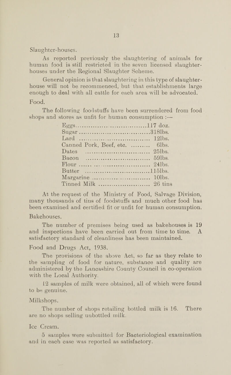 Slaughter-houses. As reported previously the slaughtering of animals for human food is still restricted in the seven licensed slaughter¬ houses under the Regional Slaughter Scheme. General opinion is that slaughtering in this type of slaughter¬ house will not be recommenced, but that establishments large enough to deal with all cattle for each area will be advocated. Food. The following foodstuffs have been surrendered from food shops and stores as unfit for human consumption :— Eggs..117 doz. Sugar.3181bs. Lard . 121bs. Canned Pork, Beef, etc. 61bs. Dates . 251bs. Bacon . 591bs. Flour . 241bs. Butter .1151bs. Margarine .. lOlbs. Tinned Milk . 26 tins At the request of the Ministry of Food, Salvage Division, many thousands of tins of foodstuffs and much other food has been examined and certified fit or unfit for human consumption. Bakehouses. The number of premises being used as bakehouses is 19 and inspections have been carried out from time to time. A satisfactory standard of cleanliness has been maintained. Food and Drugs Act, 1938. The provisions of the above Act, so far as they relate to the sampling of food for nature, substance and quality are administered by the Lancashire County Council in co-operation with the Local Authority. 12 samples of milk were obtained, all of which were found to be genuine. Milkshops. The number of shops retailing bottled milk is 16. There are no shops selling unbottled milk. Ice Cream. 5 samples were submitted for Bacteriological examination and in each case was reported as satisfactory.