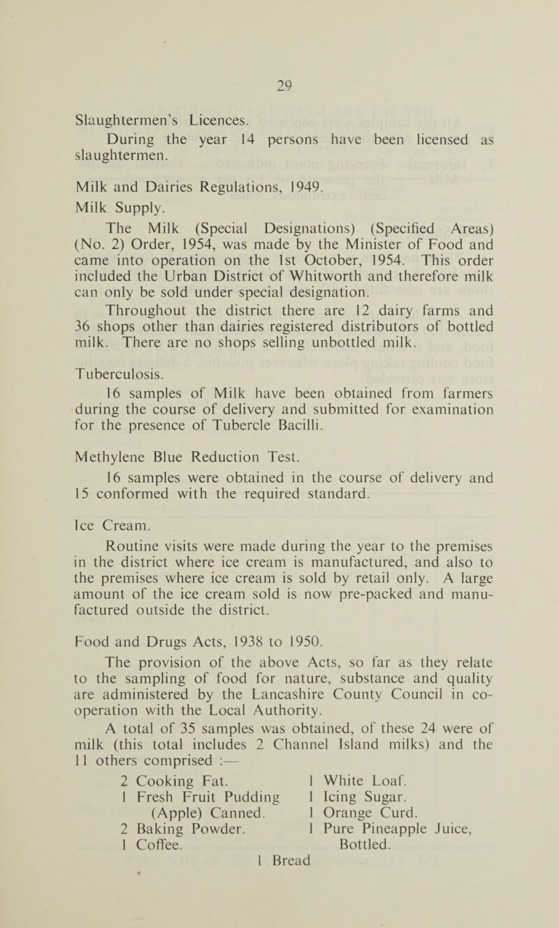 Slaughtermen’s Licences. During the year 14 persons have been licensed as slaughtermen. Milk and Dairies Regulations, 1949. Milk Supply. The Milk (Special Designations) (Specified Areas) (No. 2) Order, 1954, was made by the Minister of Food and came into operation on the 1st October, 1954. This order included the Urban District of Whitworth and therefore milk can only be sold under special designation. Throughout the district there are 12 dairy farms and 36 shops other than dairies registered distributors of bottled milk. There are no shops selling unbottled milk. Tuberculosis. 16 samples of Milk have been obtained from farmers during the course of delivery and submitted for examination for the presence of Tubercle Bacilli. Methylene Blue Reduction Test. 16 samples were obtained in the course of delivery and 15 conformed with the required standard. Ice Cream. Routine visits were made during the year to the premises in the district where ice cream is manufactured, and also to the premises where ice cream is sold by retail only. A large amount of the ice cream sold is now pre-packed and manu¬ factured outside the district. Food and Drugs Acts, 1938 to 1950. The provision of the above Acts, so far as they relate to the sampling of food for nature, substance and quality are administered by the Lancashire County Council in co¬ operation with the Local Authority. A total of 35 samples was obtained, of these 24 were of milk (this total includes 2 Channel Island milks) and the 11 others comprised :— 2 Cooking Fat. 1 Fresh Fruit Pudding White Loaf. (Apple) Canned. 2 Baking Powder. Icing Sugar. Orange Curd. Pure Pineapple Juice, 1 Coffee. Bottled. 1 Bread