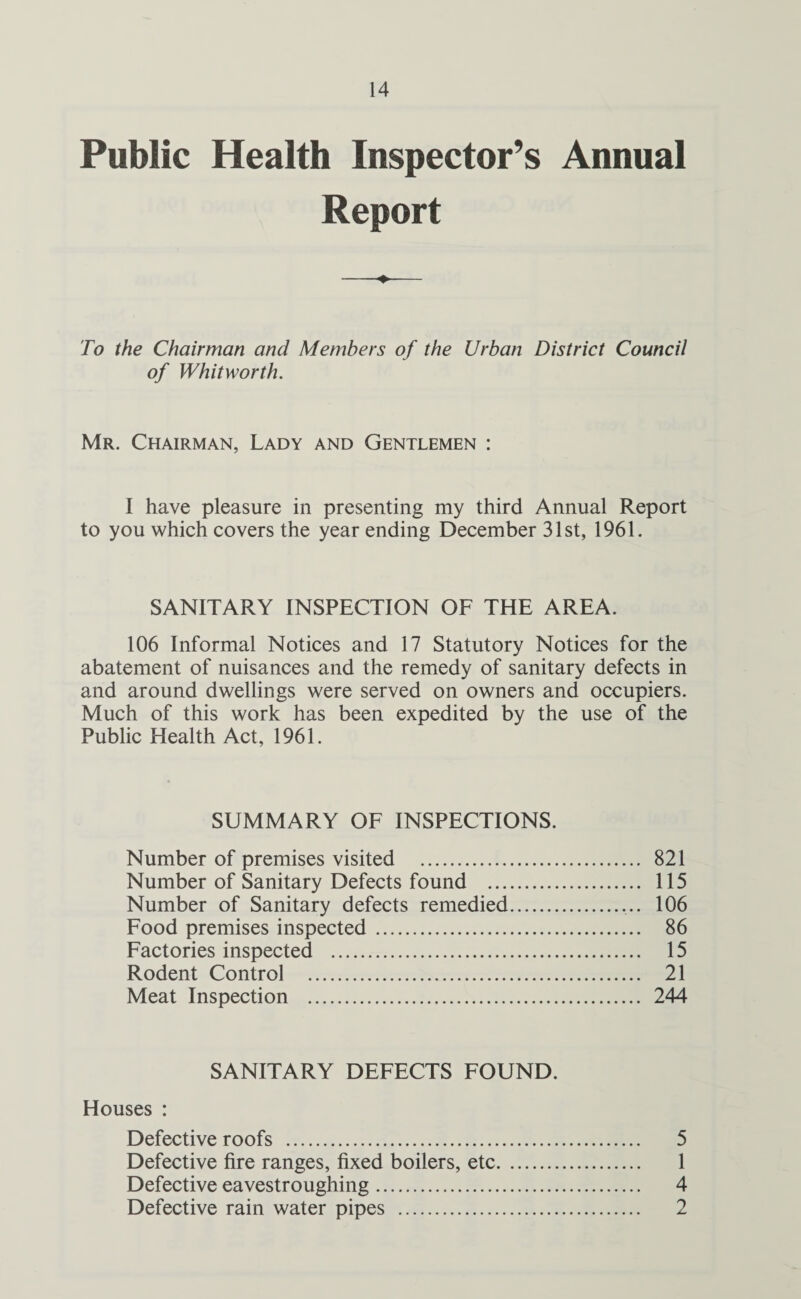 Public Health Inspector’s Annual Report To the Chairman and Members of the Urban District Council of Whitworth. Mr. Chairman, Lady and Gentlemen : I have pleasure in presenting my third Annual Report to you which covers the year ending December 31st, 1961. SANITARY INSPECTION OF THE AREA. 106 Informal Notices and 17 Statutory Notices for the abatement of nuisances and the remedy of sanitary defects in and around dwellings were served on owners and occupiers. Much of this work has been expedited by the use of the Public Health Act, 1961. SUMMARY OF INSPECTIONS. Number of premises visited . 821 Number of Sanitary Defects found . 115 Number of Sanitary defects remedied. 106 Food premises inspected. 86 Factories inspected . 15 Rodent Control . 21 Meat Inspection . 244 SANITARY DEFECTS FOUND. Houses : Defective roofs . 5 Defective fire ranges, fixed boilers, etc. 1 Defective eavestroughing. 4 Defective rain water pipes . 2