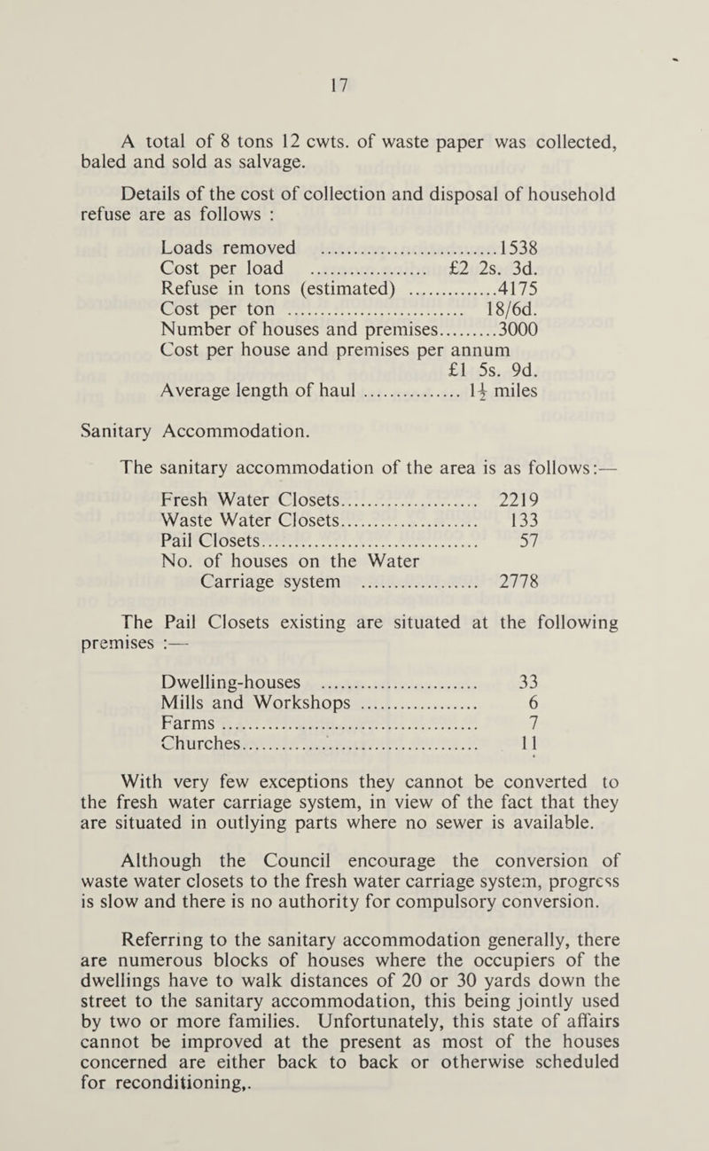 A total of 8 tons 12 cwts. of waste paper was collected, baled and sold as salvage. Details of the cost of collection and disposal of household refuse are as follows : Loads removed .1538 Cost per load . £2 2s. 3d. Refuse in tons (estimated) .4175 Cost per ton . 18/6d. Number of houses and premises.3000 Cost per house and premises per annum £1 5s. 9d. Average length of haul . 1^ miles Sanitary Accommodation. The sanitary accommodation of the area is as follows:— Fresh Water Closets. 2219 Waste Water Closets. 133 Pail Closets. 57 No. of houses on the Water Carriage system . 2778 The Pail Closets existing are situated at the following premises :— Dwelling-houses . 33 Mills and Workshops . 6 Farms. 7 Churches. 11 • With very few exceptions they cannot be converted to the fresh water carriage system, in view of the fact that they are situated in outlying parts where no sewer is available. Although the Council encourage the conversion of waste water closets to the fresh water carriage system, progress is slow and there is no authority for compulsory conversion. Referring to the sanitary accommodation generally, there are numerous blocks of houses where the occupiers of the dwellings have to walk distances of 20 or 30 yards down the street to the sanitary accommodation, this being jointly used by two or more families. Unfortunately, this state of affairs cannot be improved at the present as most of the houses concerned are either back to back or otherwise scheduled for reconditioning,.