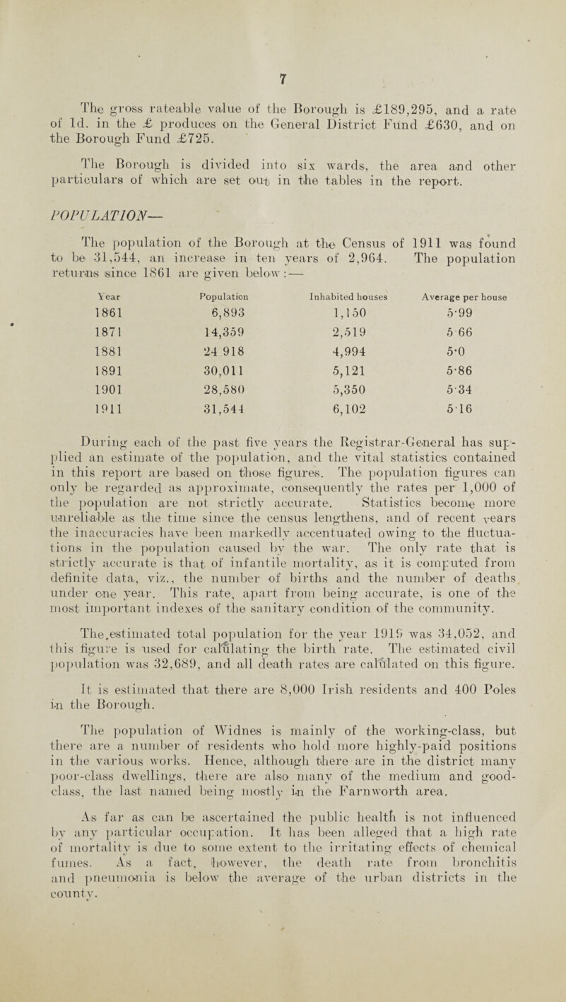 The gross rateable value of the Borough is <£189,295, and a rate of Id. in the £ produces on the General District Fund £630, and on the Borough Fund £725. The Borough is divided into six wards, the area a-nd other particulars of which are set out in the tables in the report. POPULATION— The population of the Boroug to be 31,544, an increase in ten returns since 1861 are given below h at the Census of years of 2,964. • 1911 was found The population Year 1861 Population 6,893 Inhabited houses 1,150 Average per house 5-99 1871 14,359 2,519 5 66 1881 24 918 4,994 5-0 1891 30,011 5,121 5-86 1901 28,580 5,350 5 34 1911 31,544 6,102 5T6 During each of the past five years the Registrar-General has sup¬ plied an estimate of the population, and the vital statistics contained in this report are based on thovse figures. The population figures can only be regarded as approximate, consequently the rates per 1,000 of the population are not strictly accurate. Statistics become more unreliable as the time since the census lengthens, and of recent years the inaccuracies have been markedly accentuated owing to the fluctua¬ tions in the population caused by the war. The only rate that is strictly accurate is that of infantile mortality, as it is computed from definite data, viz., the number of births and the number of deaths under c>ne year. This rate, apart from being accurate, is one of the most important indexes of the sanitary condition of the community. The.estimated total population for the year 1919 was 34,052, and this figure is used for calulating the birth rate. The estimated civil population was 32,689, and all death rates are calfflated on this figure. It is estimated that there are 8,000 Irish residents and 400 Poles in the Borough. The population of Widnes is mainly of the working-class, but there are a number of residents who hold more highly-paid positions in the various works. Hence, although there are in the district many poor-class dwellings, there are also many of the medium and good- class, the last named being mostly in the Farnworth area. As far as can be ascertained the public health is not influenced by any particular occupation. It has been alleged that a high rate of mortality is due to some extent to the irritating effects of chemical fumes. As a fact, however, the death rate from bronchitis and pneumonia is below the average of the urban districts in the count v. %/