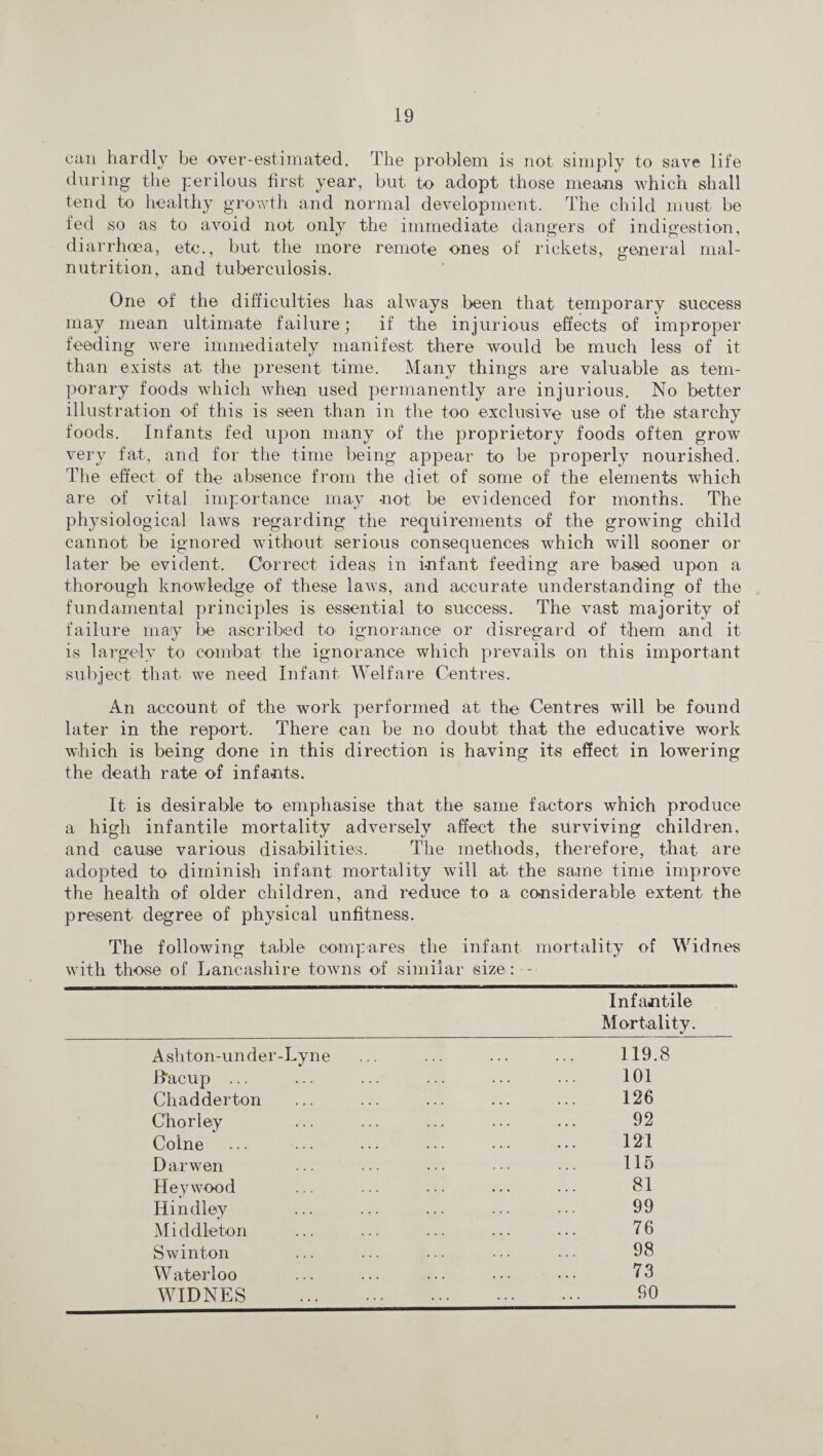can hardly be over-estimated. The problem is not simply to save life during the perilous first year, but to adopt those means which shall tend to healthy growth and normal development. The child must be fed so as to avoid not only the immediate dangers of indigestion, diarrhoea, etc., but the more remote ones of rickets, general mal¬ nutrition, and tuberculosis. One of the difficulties has always been that temporary success may mean ultimate failure; if the injurious effects of improper feeding were immediately manifest there would be much less of it than exists at the present time. Many things are valuable as tem¬ porary foods which when used permanently are injurious. No better illustration of this is seen than in the too exclusive use of the starchy foods. Infants fed upon many of the proprietory foods often grow very fat, and for the time being appear to be properly nourished. The effect of the absence from the diet of some of the elements which are of vital importance may not be evidenced for months. The physiological laws regarding the requirements of the growing child cannot be ignored without serious consequences which will sooner or later be evident. Correct ideas in infant feeding are based upon a thorough knowledge of these laws, and accurate understanding of the fundamental principles is essential to success. The vast majority of failure may be ascribed to ignorance or disregard of them and it is largely to combat the ignorance which prevails on this important subject that we need Infant Welfare Centres. An account of the work performed at the Centres will be found later in the report. There can be no doubt that the educative work which is being done in this direction is having its effect in lowering the death rate of infants. It is desirable to emphasise that the same factors which produce a high infantile mortality adversely affect the surviving children, and cause various disabilities. The methods, therefore, that are adopted to diminish infant mortality will at the same time improve the health of older children, and reduce to a considerable extent the present degree of physical unfitness. The following table compares the infant mortality of Widnes with those of Lancashire towns of similar size: --- Ashton-under-Lyne Racup ... Chadderton Chorley Colne Darwen Hey wood Hindley Middleton Swinton W aterloo WIDNES Infantile Mortality. 119.8 101 126 92 121 115 81 99 76 98 73 90