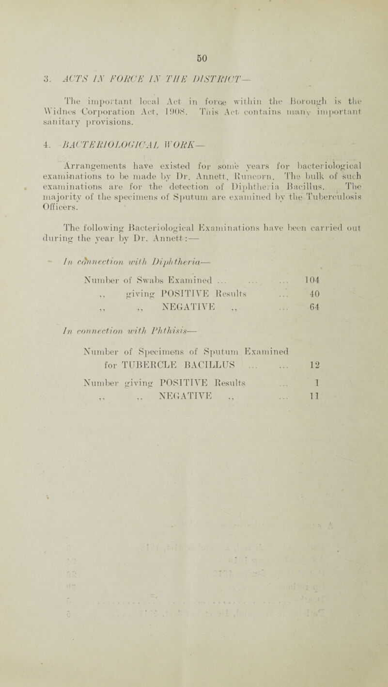 BO 3. ACTS IN FORCE IN THE DISTRICT— The important local Act in forqe within the Borough is the Widnes Corporation Act, 1908. This Act contains many important sanitary provisions. 4. HALTEBIOLOGICAL WORK— Arrangements have existed for some years for bacteriological examinations to be made by Dr. Annett, Runcorn. The bulk of such examinations, are for the detection of Diphtheria Bacillus. The majority of the specimens of Sputum are examined by the Tuberculosis Officers. The following Bacteriological Examinations have been carried out o o during the year by Dr. Annett : — In connection with Diphtheria— Number of Swabs Examined ... ,, giving POSITIVE Results NEGATIVE 104 40 64 In connection with Phthisis— Number of Specimens of Sputum Examined for TUBERCLE BACILLUS . 12 Number giving POSITIVE Results ... 1