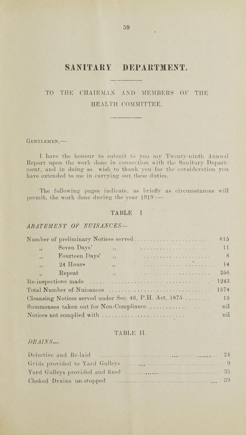 SANITARY DEPARTMENT. TO THE CHAIRMAN AND MEMBERS OF THE HEALTH COMMITTEE. Gentlemen,— I have the honour to submit to you my Twenty-ninth Annual Report! upon the work done in connection with the Sanitary Depart¬ ment, and in doing so wish to thank you for the consideration you have extended to me in carrying out these duties. The following pages indicate, as briefly as circumstances will permit, the work done during the year 1919 : — TABLE I ABATEMENT OF NUISANCES— Number of preliminary Notices served. 615 ,, Seven Days’ ,, 11 ,, Fourteen Days’ ,, 8 ,, 24 Hours ,, .’. 14 ,, Repeat ,, 256 Re-inspections made . 1243 Total Number of Nuisances . 1574 Cleansing Notices served under Sec. 46, P.H. Act, 1875 . 15 Summonses taken out for Non-Compliance. . nil Notices not complied with. nil TABLE II. DRAINS— Defective and Re-laid .... 24 Grids provided to Yard Gulleys ... 9 Yard Gulleys provided and fixed ... 35