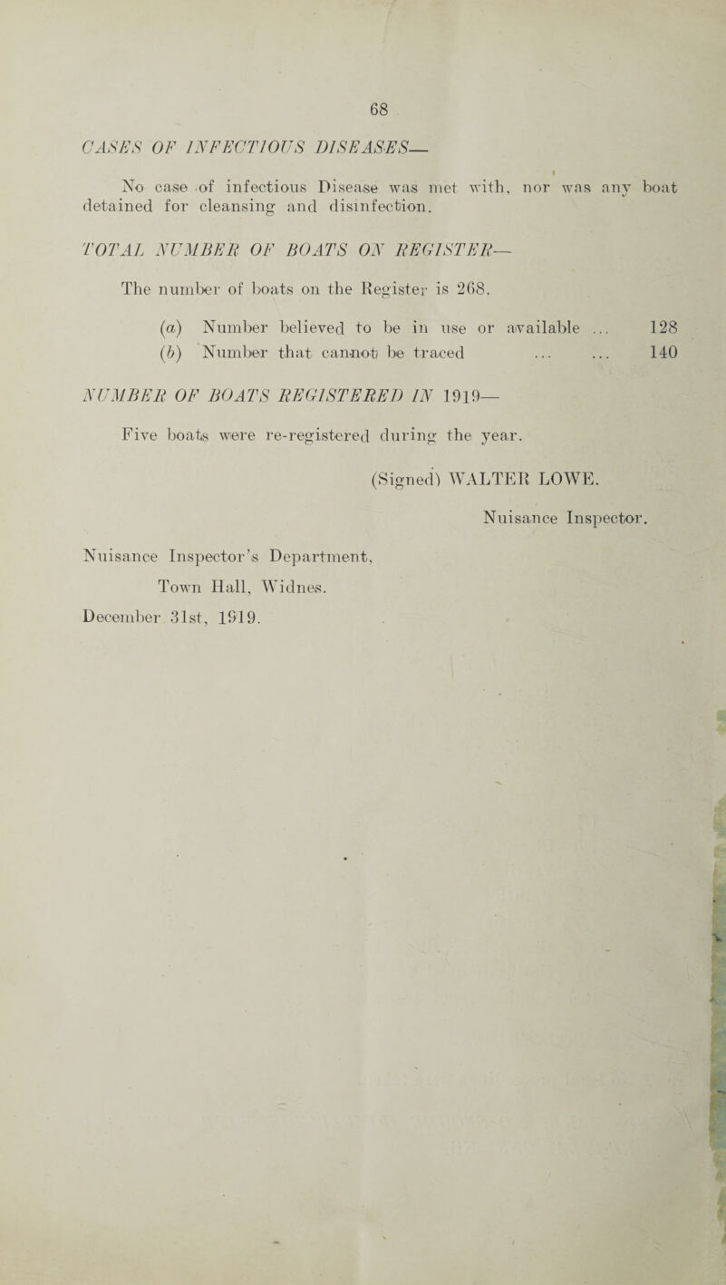 CASES OF INFECTIOUS DISEASES— % No case of infectious Disease was met with, nor was any boat detained for cleansing and disinfection. TOTAL NUMBED OF BOATS ON REGISTER— The number of boats on the Register is 268. (a) Number believed to be in use or available (b) Number that cannot be traced 128 140 NUMBER OF BOATS REGISTERED IN 1919- Five boats were re-registered during the year. (Signed) WALTER LOWE. Nuisance Inspector. Nuisance Inspector’s Department, Town Hall, Widnes. December 31st, 1919. v,