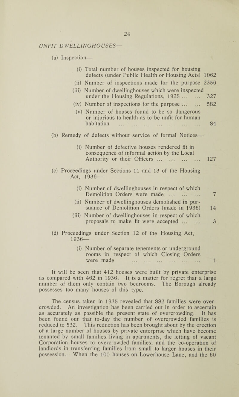 UNFIT DWELLINGHOUSES— (a) Inspection— (i) Total number of houses inspected for housing defects (under Public Health or Housing Acts) 1062 (ii) Number of inspections made for the purpose 2356 (iii) Number of dwellinghouses which were inspected under the Housing Regulations, 1925 . 327 (iv) Number of inspections for the purpose. 582 (v) Number of houses found to be so dangerous or injurious to health as to be unfit for human habitation . 84 (b) Remedy of defects without service of formal Notices— (i) Number of defective houses rendered fit in consequence of informal action by the Local Authority or their Officers. 127 (c) Proceedings under Sections 11 and 13 of the Housing Act, 1936— (i) Number of dwellinghouses in respect of which Demolition Orders were made . 7 (ii) Number of dwellinghouses demolished in pur¬ suance of Demolition Orders (made in 1936) 14 (iii) Number of dwellinghouses in respect of which proposals to make fit were accepted. 3 (d) Proceedings under Section 12 of the Housing Act, 1936— (i) Number of separate tenements or underground rooms in respect of which Closing Orders were made . 1 It will be seen that 412 houses were built by private enterprise as compared with 462 in 1936. It is a matter for regret that a large number of them only contain two bedrooms. The Borough already possesses too many houses of this type. The census taken in 1935 revealed that 882 families were over¬ crowded. An investigation has been carried out in order to ascertain as accurately as possible the present state of overcrowding. It has been found out that to-day the number of overcrowded families is reduced to 532. This reduction has been brought about by the erection of a large number of houses by private enterprise which have become tenanted by small families living in apartments, the letting of vacant Corporation houses to overcrowded families, and the co-operation of landlords in transferring families from small to larger houses in their possession. When the 100 houses on Lowerhouse Lane, and the 60
