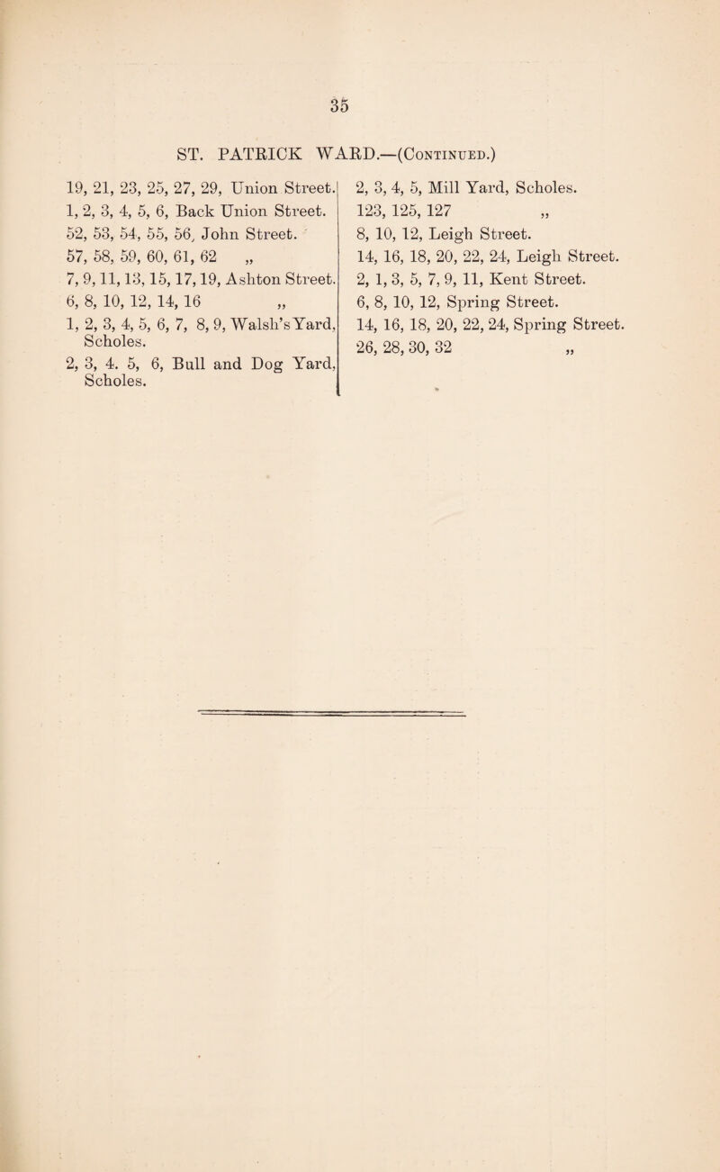 ST. PATRICK WARD.—(Continued.) 19, 21, 23, 25, 27, 29, Union Street. 1, 2, 3, 4, 5, 6, Back Union Street. 52, 53, 54, 55, 56, John Street. 57, 58, 59, 60, 61, 62 „ 7, 9,11,13,15,17,19, Ashton Street. 6, 8, 10, 12, 14, 16 1, 2, 3, 4, 5, 6, 7, 8, 9, Walsh’s Yard, Scholes. 2, 3, 4. 5, 6, Ball and Dog Yard, Scholes. 2, 3, 4, 5, Mill Yard, Scholes. 123, 125, 127 8, 10, 12, Leigh Street. 14, 16, 18, 20, 22, 24, Leigh Street. 2, 1, 3, 5, 7, 9, 11, Kent Street. 6, 8, 10, 12, Spring Street. 14, 16, 18, 20, 22, 24, Spring Street. 26, 28, 30, 32