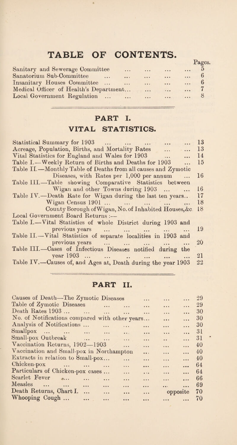 TABLE OF CONTENTS. Pages. Sanitary and Sewerage Committee Sanatorium Sub-Committee Insanitary Houses Committee ... Medical Officer of Health’s Department Local Government Regulation PART I. VITAL STATISTICS. Statistical Summary for 1903 ... ... ... ... ... 13 Acreage, Population, Births, and Mortality Bates ... ... 13 Vital Statistics for England and Wales for 1903 ... ... 14 Table I. — Weekly Return of Births and Deaths for 1903 ... 15 Table II.—Monthly Table of Deaths from all causes and Zymotic Diseases, with Rates per 1,000 per annum ... 16 Table III.—Table showing Comparative Statistics between Wigan and other Towns during 1903 ... ... 16 Table IV.—Death Rate for Wigan during the last ten years.. 17 Wigan Census 1901 ... ... ... ... ... 18 County Borough of Wigan, No. of Inhabited Houses,&c 18 Local Government Board Returns :— Table I.—Vital Statistics of whole District during 1903 and previous years ... ... ... ... ... 19 Table II.—Vital Statistics of separate localities in 1903 and previous years ... ... ... ... ... 20 Table III.—Cases of Infectious Diseases notified during the year 1903 . . 21 Table IV.—Causes of, and Ages at, Death during the year 1903 22 PART II, Causes of Death—The Zymotic Diseases * • • • • • 29 Table of Zymotic Diseases • • • • * • 29 Death Rates 1903 ... • , • • • • 30 No. of Notifications compared with other years... • • • • t • 30 Analysis of Notifications ... « • « • • • 30 Smallpox ... ... ... . • • • • • • 31 Small-pox Outbreak • • • • • 31 Vaccination Returns, 1902—1903 « • « • • • 40 Vaccination and Small-pox in Northampton • • • * • • 40 Extracts in relation to Small-pox... • • • 40 Chicken-pox . • • • • • • 64 Particulars of Chicken-pox cases ... • • • • • • 64 Scarlet Fever *... ... . • j * 66 Measles . • • < • • » 69 Death Returns, ChartI. ... ... . opposite 70 Whooping Cough. • • • • • • 70 6 6 7 8