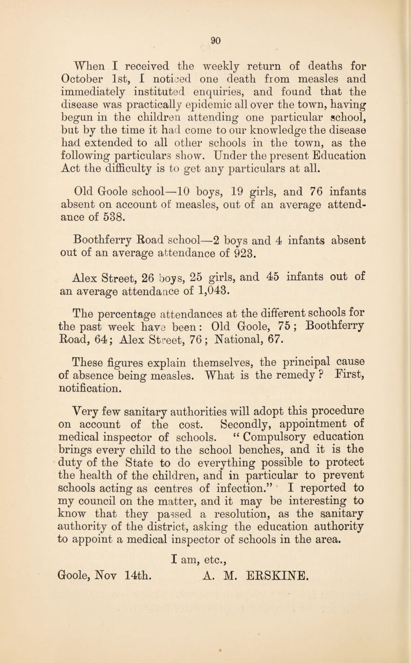When I received the weekly return of deaths for October 1st, I noticed one death from measles and immediately instituted enquiries, and found that the disease was practically epidemic all over the town, having begun in the children attending one particular school, but by the time it had come to our knowledge the disease had extended to all other schools in the town, as the following particulars show. Under the present Education Act the difficulty is to get any particulars at all. Old Goole school—10 boys, 19 girls, and 76 infants absent on account of measles, out of an average attend¬ ance of 538. Boothferry Road school—2 boys and 4 infants absent out of an average attendance of 923. Alex Street, 26 boys, 25 girls, and 45 infants out of an average attendance of 1,043. The percentage attendances at the different schools for the past week have been: Old Goole, 75; Boothferry Road, 64; Alex Street, 76; National, 67. These figures explain themselves, the principal cause of absence being measles. What is the remedy ? First, notification. Very few sanitary authorities will adopt this procedure on account of the cost. Secondly, appointment of medical inspector of schools. “ Compulsory education brings every child to the school benches, and it is the duty of the State to do everything possible to protect the health of the children, and in particular to prevent schools acting as centres of infection.’’ I reported to my council on the matter, and it may be interesting to know that they passed a resolution, as the sanitary authority of the district, asking the education authority to appoint a medical inspector of schools in the area. I am, etc., A. M. ERSKINE. Goole, Nov 14th.