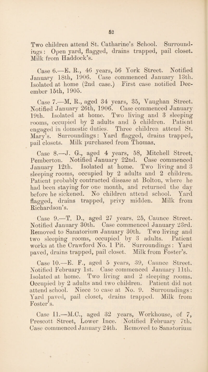 62 Two children attend St. Catharine’s School. Surround¬ ings : Open yard, flagged, drains trapped, pail closet. Milk from Haddock’s. Case 6.—E. R., 46 years, 56 York Street. Notified January 18th, 1906. Case commenced January 13th. Isolated at home (2nd case.) Eirst case notified Dec¬ ember 15th, 1905. Case 7.—M. R., aged 34 years, 35, Vaughan Street. Notified January 26th, 1906. Case commenced January 19th. Isolated at home. Two living and 3 sleeping rooms, occupied by 2 adults and 5 children. Patient engaged in domestic duties. Three children attend St. Mary’s. Surroundings: Yard flagged, drains trapped, pail closets. Milk purchased from Thomas. Case 8.-—J. Gh, aged 4 years, 58, Mitchell Street, Pemberton. Notified January 22nd. Case commenced January 12th. Isolated at home. Two living and 3 sleeping rooms, occupied by 2 adults and 2 children. Patient probably contracted disease at Bolton, where he had been staying for one month, and returned the day before he sickened. No children attend school. Yard flagged, drains trapped, privy midden. Milk from Richardson’s. Case 9.—Ta D., aged 27 years, 25, Caunce Street. Notified January 30th. Case commenced January 23rd. Removed to Sanatorium January 30th. Two living and two sleeping rooms, occupied by 3 adults. Patient works at the Crawford No. 1 Pit. Surroundings : Yard paved, drains trapped, pail closet. Milk from Foster’s. Case 10.—E. F., aged 5 years, 39, Caunce Street. Notified February 1st. Case commenced January lltli. Isolated at home. Two living and 2 sleeping rooms. Occupied by 2 adults and two children. Patient did not attend school. Niece to case at No. 9. Surroundings : Yard paved, pail closet, drains trapped. Milk from Foster’s. Case II.—M.C., aged 32 years, Workhouse, of 7, EYescott Street, Lower Inee. Notified February 7th. Case commenced January 24th. Removed to Sanatorium