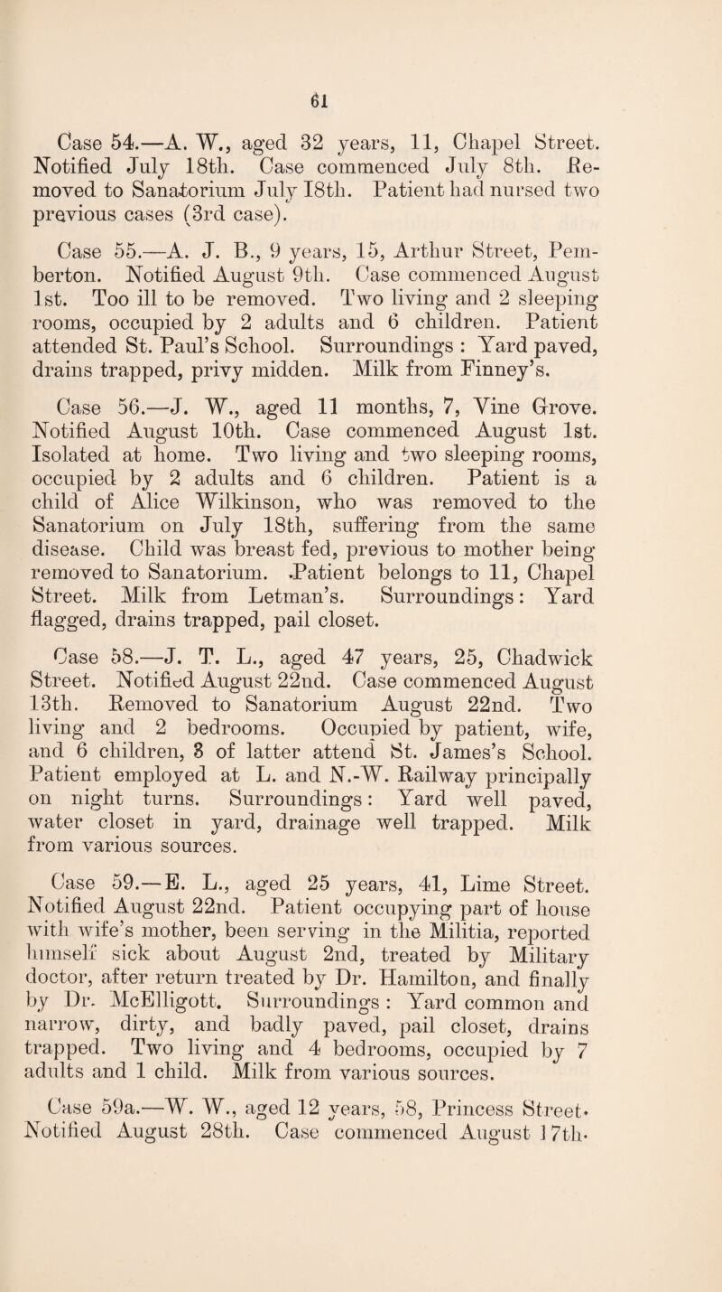 Case 54.—A. W., aged 32 years, 11, Chapel Street. Notified July 18th. Case commenced July 8th. Re- moved to Sanatorium July 18tli. Patient had nursed two previous cases (3rd case). Case 55.—A. J. B., 9 years, 15, Arthur Street, Pem¬ berton. Notified August 9th. Case commenced August 1st. Too ill to be removed. Two living and 2 sleeping rooms, occupied by 2 adults and 6 children. Patient attended St. Paul’s School. Surroundings : Yard paved, drains trapped, privy midden. Milk from Finney’s. Case 56.—J. W., aged 11 months, 7, Yine Grove. Notified August 10th. Case commenced August 1st. Isolated at home. Two living and two sleeping rooms, occupied by 2 adults and 6 children. Patient is a child of Alice Wilkinson, who was removed to the Sanatorium on July 18th, suffering from the same disease. Child was breast fed, previous to mother being removed to Sanatorium. .Patient belongs to 11, Chapel Street. Milk from Letman’s. Surroundings: Yard flagged, drains trapped, pail closet. Case 58.—J. T. L., aged 47 years, 25, Chadwick Street. Notified August 22nd. Case commenced August 13th. Removed to Sanatorium August 22nd. Two living and 2 bedrooms. Occupied by patient, wife, and 6 children, 8 of latter attend St. James’s School. Patient employed at L. and N.-W. Railway principally on night turns. Surroundings: Yard well paved, water closet in yard, drainage well trapped. Milk from various sources. Case 59.—E. L., aged 25 years, 41, Lime Street. Notified August 22nd. Patient occupying part of house with wife’s mother, been serving in the Militia, reported himself sick about August 2nd, treated by Military doctor, after return treated by Dr. Hamilton, and finally by Dr. McElligott. Surroundings : Yard common and narrow, dirty, and badly paved, pail closet, drains trapped. Two living and 4 bedrooms, occupied by 7 adults and 1 child. Milk from various sources. Case 59a.—W. W., aged 12 years, 58, Princess Street* Notified August 28th. Case commenced August ] 7th-