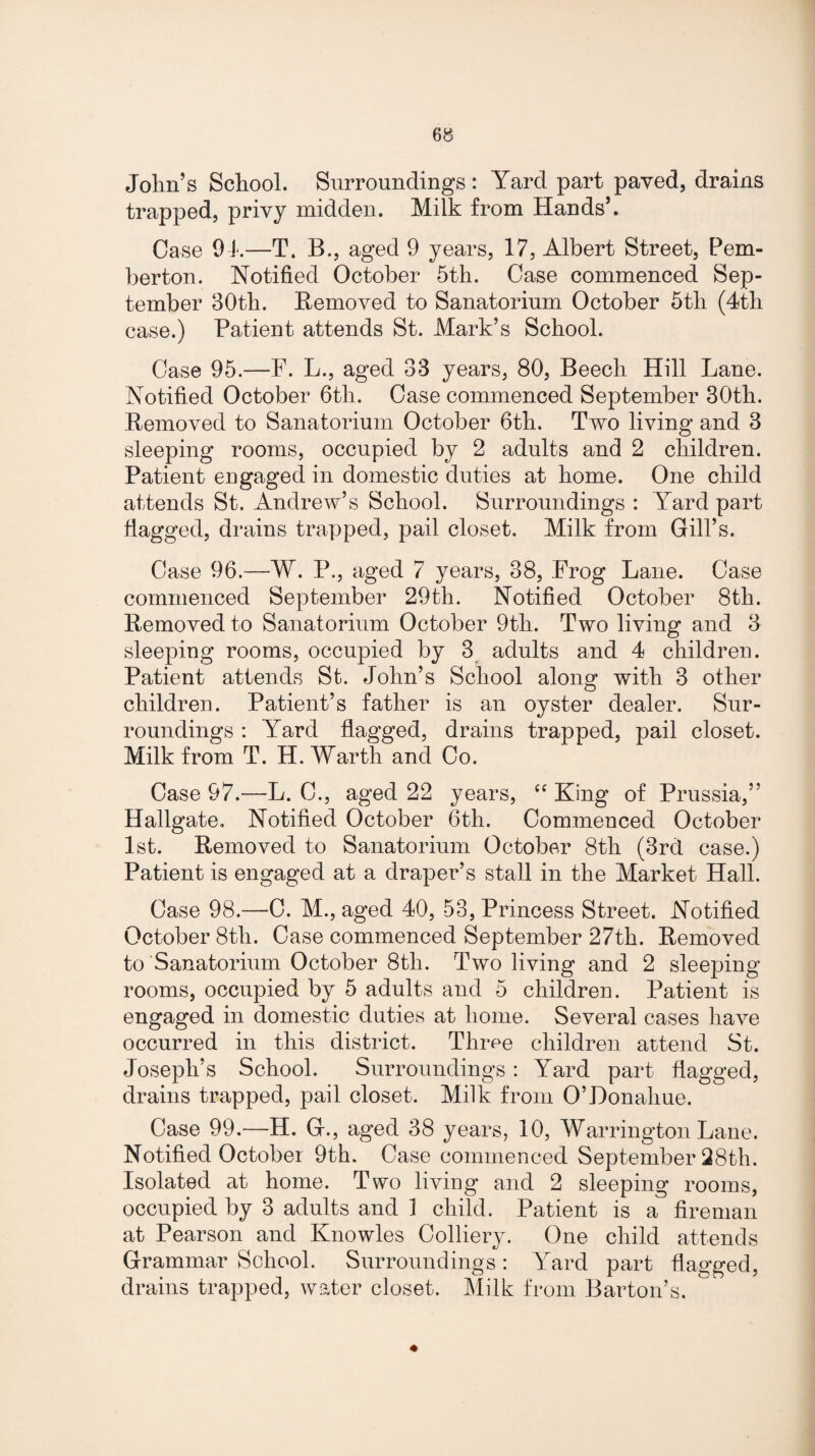John’s School. Surroundings: Yard part payed, drains trapped, privy midden. Milk from Hands’. Case 9 k—T. B., aged 9 years, 17, Albert Street, Pem¬ berton. Notified October 5th. Case commenced Sep¬ tember 30th. Removed to Sanatorium October 5th (4th case.) Patient attends St. Mark’s School. Case 95.—F. L., aged 33 years, 80, Beech Hill Lane. Notified October 6th. Case commenced September 30th. Removed to Sanatorium October 6th. Two living and 3 sleeping rooms, occupied by 2 adults and 2 children. Patient engaged in domestic duties at home. One child attends St. Andrew’s School. Surroundings : Yard part flagged, drains trapped, pail closet. Milk from Gill’s. Case 96.—W. P., aged 7 years, 38, Frog Lane. Case commenced September 29th. Notified October 8th. Removed to Sanatorium October 9th. Two living and 3 sleeping rooms, occupied by 3 adults and 4 children. Patient attends St. John’s School along with 3 other children. Patient’s father is an oyster dealer. Sur¬ roundings : Yard flagged, drains trapped, pail closet. Milk from T. H. Warth and Co. Case 97.—L. C., aged 22 years, “ King of Prussia,” Hallgate. Notified October 6th. Commenced October 1st. Removed to Sanatorium October 8th (3rd case.) Patient is engaged at a draper’s stall in the Market Hall. Case 98.—C. M., aged 40, 53, Princess Street. Notified October 8th. Case commenced September 27th. Removed to Sanatorium October 8th. Two living and 2 sleeping rooms, occupied by 5 adults and 5 children. Patient is engaged in domestic duties at home. Several cases have occurred in this district. Three children attend St. Joseph’s School. Surroundings: Yard part flagged, drains trapped, pail closet. Milk from O’Donahue. Case 99.—H. G., aged 38 years, 10, Warrington Lane. Notified October 9th. Case commenced September 28th. Isolated at home. Two living and 2 sleeping rooms, occupied by 3 adults and 1 child. Patient is a fireman at Pearson and Knowles Colliery. One child attends Grammar School. Surroundings: Yard part flagged, drains trapped, water closet. Milk from Barton’s. ♦