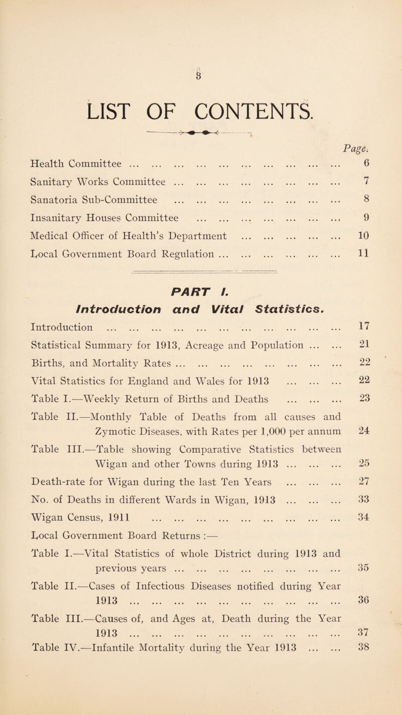 B LIST OF CONTENTS. Page. Health Committee. 6 Sanitary Works Committee. 7 Sanatoria Snb-Committee . 8 Insanitary Houses Committee .* 9 Medical Officer of Health’s Department . 10 Local Government Board Regulation. 11 PART /. Introduction and Vital Statistics. Introduction . Statistical Summary for 1913, Acreage and Population. Births, and Mortality Rates. Vital Statistics for England and Wales for 1913 . Table I.—Weekly Return of Births and Deaths . Table II.—Monthly Table of Deaths from all causes and Zymotic Diseases, with Rates per 1,000 per annum Table III.—Table showing Comparative Statistics between Wigan and other Towns during 1913 . Death-rate for Wigan during the last Ten Years . No. of Deaths in different Wards in Wigan, 1913 . Wigan Census, 1911 . Local Government Board Returns :— Table I.—Vital Statistics of whole District during 1913 and previous years. Table II.—Cases of Infectious Diseases notified during Year 1 91 3 J- Kj jl ••• ••• ••• ••• ••• ••• ••• ••• ••• ••• Table III.—Causes of, and Ages at, Death during the Year 1 91 3 -L -L KJ ••• ••• ••• ••• ••• ••• ••• ••• ••• Table IV.—Infantile Mortality during the Year 1913 . 17 21 22 22 23 24 25 27 33 34 35 36 37 38