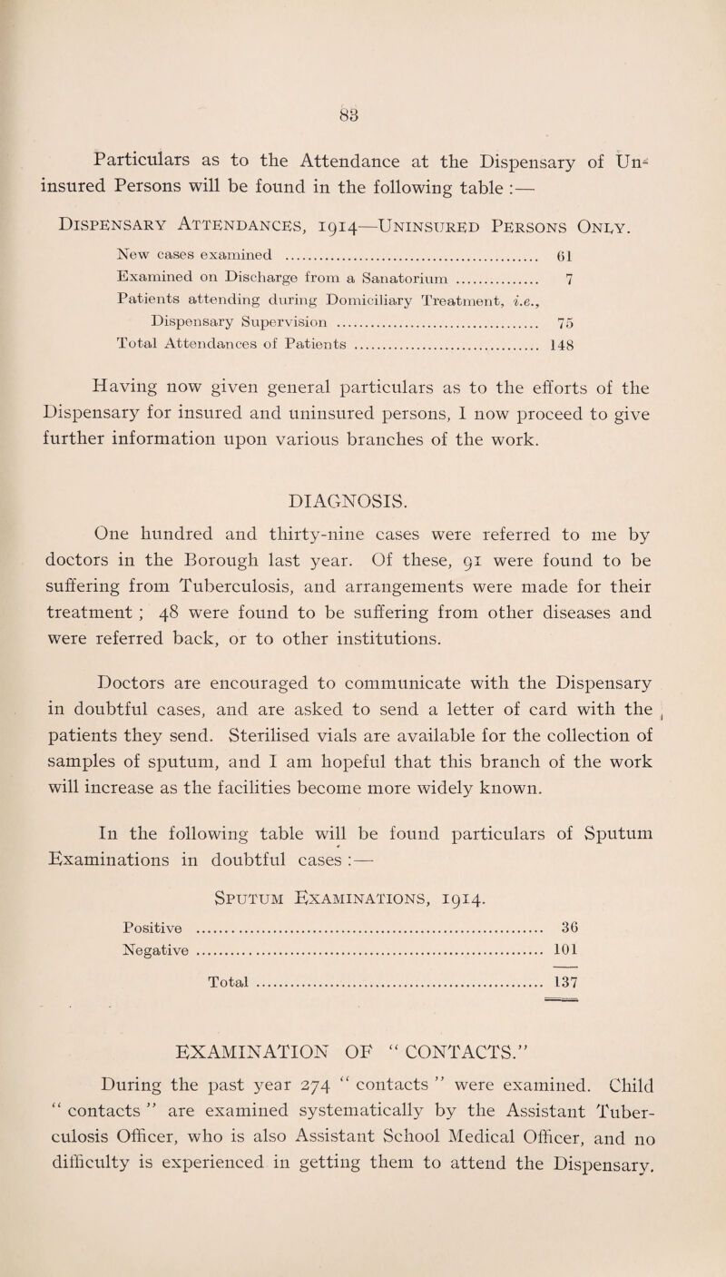 88 Particulars as to the Attendance at the Dispensary of Un¬ insured Persons will be found in the following table :— Dispensary Attendances, 1914—Uninsured Persons Oney. New cases examined . 61 Examined on Discharge from a Sanatorium . 7 Patients attending during Domiciliary Treatment, i.e.. Dispensary Supervision . 75 Total Attendances of Patients . 148 Having now given general particulars as to the efforts of the Dispensary for insured and uninsured persons, I now proceed to give further information upon various branches of the work. DIAGNOSIS. One hundred and thirty-nine cases were referred to me by doctors in the Borough last year. Of these, 91 were found to be suffering from Tuberculosis, and arrangements were made for their treatment ; 48 were found to be suffering from other diseases and were referred back, or to other institutions. Doctors are encouraged to communicate with the Dispensary in doubtful cases, and are asked to send a letter of card with the :J patients they send. Sterilised vials are available for the collection of samples of sputum, and I am hopeful that this branch of the work will increase as the facilities become more widely known. In the following table will be found particulars of Sputum Examinations in doubtful cases : — Sputum Examinations, 1914. Positive . 36 Negative . 101 Total . 137 EXAMINATION OE  CONTACTS.” During the past year 274 “ contacts ” were examined. Child “ contacts ” are examined systematically by the Assistant Tuber¬ culosis Officer, who is also Assistant School Medical Officer, and no difficulty is experienced in getting them to attend the Dispensary.