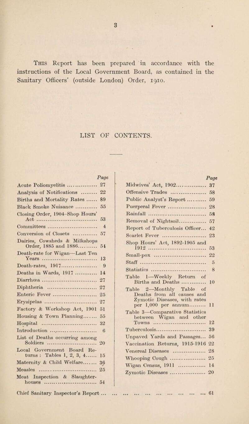 This Report has been prepared in accordance with the instructions of the Local Government Board, as contained in the Sanitary Officers’ (outside London) Order, 1910. LIST OF CONTENTS. Page Acute Poliomyelitis . 27 Analysis of Notifications . 22 Births and Mortality Rates . 89 Black Smoke Nuisance . 55 Closing Order, 1904-Shop Hours’ Act . 53 Committees . 4 Conversion of Closets . 57 Dairies, Cowsheds & Milkshops Order, 1885 and 1886. 54 Death-rate for Wigan—Last Ten Years . 13 Death-rates, 1917. 9 Deaths in Wards, 1917 . 14 Diarrhoea . 27 Diphtheria . 27 Enteric Fever . 25 Erysipelas . 27 Factory & Workshop Act, 1901 51 Housing & Town Planning. 55 Hospital . 32 Introduction .. 6 List of Deaths occurring among Soldiers . 20 Local Government Board Re¬ turns : Tables 1, 2, 3, 4. 15 Maternity & Child Welfare. 36 Measles . 25 Meat Inspection & Slaughter¬ houses . 54 Chief Sanitary Inspector’s Report ... Page Midwives’ Act, 1902. 37 Offensive Trades . 58 Public Analyst’s Report. 59 Puerperal Fever . 28 Rainfall . 58 Removal of Nightsoil.... 57 Report of Tuberculosis Officer... 42 Scarlet Fever . 23 Shop Hours’ Act, 1892-1905 and 1912 . 53 Small-pox . 22 Staff . 5 Statistics . 8 Table 1—Weekly Return of Births and Deaths . 10 Table 2—Monthly Table of Deaths from all causes and Zymotic Diseases, with rates per 1,000 per annum. 11 Table 3—Comparative Statistics between Wigan and other Towns . 12 Tuberculosis. 39 Unpaved Yards and Passages... 56 Vaccination Returns, 1915-1916 22 Venereal Diseases . 28 Whooping Cough . 25 Wigan Census, 1911 . 14 Zymotic Diseases . 20