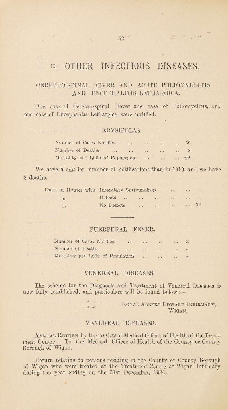 n-OTHER INFECTIOUS DISEASES. CEREBRO-SPINAL FEVER AND ACUTE POLIOMYELITIS AND ENCEPHALITIS LETHARGIC A. One case of Cerebro-spinal Fever one case of Poliomyelitis, and one case of Encephalitis Lethargica were notified. ERYSIPELAS. Number of Cases Notified .. .. .. .. 59 Number of Deaths .. >. .. .. .. 2 Mortality per 1,000 of Population .. .. .. -02 We have a smaller number of notifications than in 1919, and we have 2 deaths. Cases in Houses with Insanitary Surroundings .. . . - ,, Defects .. .. . . .. . . — ,, No Defects .. .. .. . . 59 PUERPERAL FEVER. Number of Cases Notified .. .. .. .. 3 Number of Deaths .. .. .. . . . . - Mortality per 1,000 of Population . . .. . . - VENEREAL DISEASES. The scheme for the Diagnosis and Treatment of Venereal Diseases is now fully established, and particulars will be found below :— j j :j Royal Albert Edward Infirmary, Wigan, VENEREAL DISEASES. Annual Return by the Assistant Medical Officer of Health of the Treat¬ ment Centre. To the Medical Officer of Health of the County or County Borough of Wigan. Return relating to persons residing in the County or County Borough of Wigan who were treated at the Treatment Centre at Wigan Infirmary during the year ending on the 31st December, 1920.