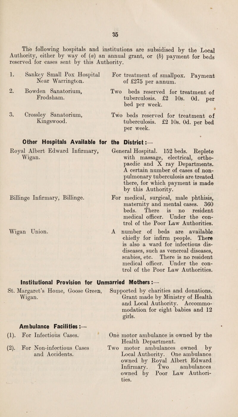 The following hospitals and institutions are subsidised by the Local Authority, either by way of (a) an annual grant, or (b) payment for beds reserved for cases sent by this Authority. 1. Sankey Small Pox Hospital Near Warrington. 2. Bowden Sanatorium, Frodsham. 3. Crossley Sanatorium, Kingswood. For treatment of smallpox. Payment of £275 per annum. Two beds reserved for treatment of tuberculosis. £2 10s. Od. per bed per week. Two beds reserved for treatment of tuberculosis. £2 10s. Od. per bed per week. Other Hospitals Available for the District:— Royal Albert Edward Infirmary, Wigan. Billinge Infirmary, Billinge. Wigan Union. General Hospital. 152 beds. Replete with massage, electrical, ortho¬ paedic and X ray Departments. A certain number of cases of non- pulmonary tuberculosis are treated there, for which payment is made by this Authority. For medical, surgical, male phthisis, maternity and mental cases. 360 beds. There is no resident medical officer. Under the con¬ trol of the Poor Law Authorities. A number of beds are available chiefly for infirm people. There is also a ward for infectious dis- diseases, such as venereal diseases, scabies, etc. There is no resident medical officer. Under the con¬ trol of the Poor Law Authorities. Institutional Provision for Unmarried Mothers:— St. Margaret’s Home, Goose Green, Wigan. Ambulance Facilities:— (1) . For Infectious Cases. (2) . For Non-infectious Cases and Accidents. Supported by charities and donations. Grant made by Ministry of Health and Local Authority. Accommo- modation for eight babies and 12 girls. One motor ambulance is owned by the Health Department. Two motor ambulances owned by Local Authority. One ambulance owned by Royal Albert Edward Infirmary. Two ambulances owned by Poor Law Authori¬ ties.