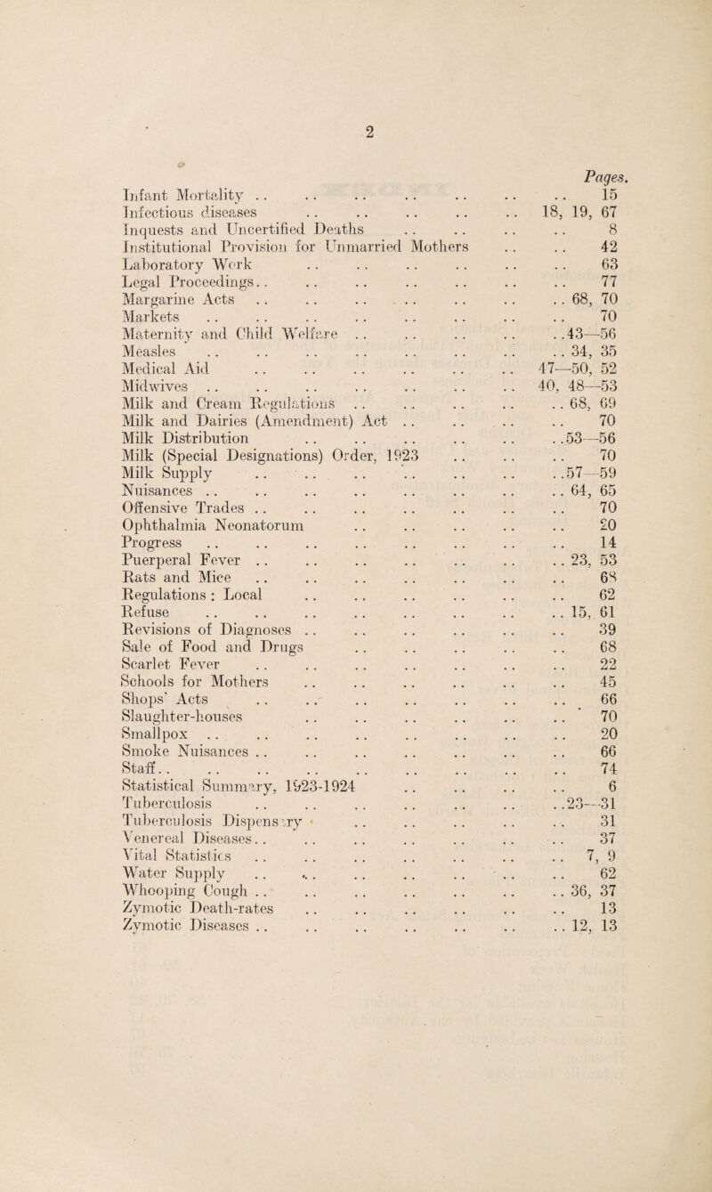 & Pages. Infant Mortality 15 Infectious diseases 18, 19, 67 Inquests and Uncertified Deaths 8 Institutional Provision for Unmarried Mothers 42 Laboratory Work 63 Legal Proceedings 77 Margarine Acts .. 68, 70 Markets 70 Maternity and Child Welfare . .43—56 Measles .. 34, 35 Medical Aid 47—50, 52 Midwives 40, 48—53 Milk and Cream Regulations . . 68, 69 Milk and Dairies (Amendment) Act .. 70 Milk Distribution . .53—56 Milk (Special Designations) Order, 1923 70 Milk Supply .. . .57—59 Nuisances .. 64, 65 Offensive Trades 70 Ophthalmia Neonatorum 20 Progress 14 Puerperal Fever .. 23, 53 Rats and Mice 68 Regulations : Local 62 Refuse .. 15, 61 Revisions of Diagnoses 39 Sale of Food and Drugs 68 Scarlet Fever 22 Schools for Mothers 45 Shops' Acts 66 Slaughter-houses .. 70 Smallpox 20 Smoke Nuisances 66 Staff 74 Statistical Summary, 1923-1924 6 Tuberculosis . .23—31 Tuberculosis Dispensary ■ 31 Venereal Diseases.. 37 Vital Statistics .. 7, 9 Water Supply 62 Whooping Cough .. 36, 37 Zymotic Death-rates 13 Zymotic Diseases .. .. 12, 13