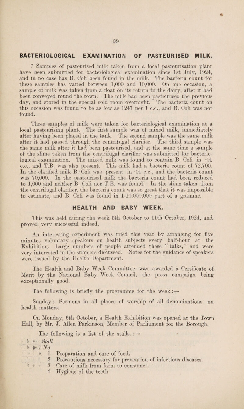 BACTERIOLOGICAL EXAMINATION OF PASTEURISED MILK. 7 Samples of pasteurised milk taken from a local pasteurisation plant have been submitted for bacteriological examination since 1st July, 1924, and in no case has B. Coli been found in the milk. The bacteria count for these samples has varied between 1,000 and 10,000. On one occasion, a sample of milk was taken from a float on its return to the dairy, after it had been conveyed round the town. The milk had been pasteurised the previous day, and stored in the special cold room overnight. The bacteria count on this occasion was found to be as low as 1247 per 1 c.c., and B. Coli was not found. Three samples of milk were taken for bacteriological examination at a local pasteurising plant. The first sample was of mixed milk, immediately after having been placed in the tank. The second sample was the same milk after it had passed through the centrifugal clarifier. The third sample was the same milk after it had been pasteurised, and at the same time a sample of the slime taken from the centrifugal clarifier was submitted for bacterio¬ logical examination. The mixed milk was found to contain B. Coli in -01 c.c., and T.B. was also present. This milk had a bacteria count of 72,700. In the clarified milk B. Coli was present in -01 c.c., and the bacteria count was 70,000. In the pasteurised milk the bacteria count had been reduced to 1,000 and neither B. Coli nor T.B. was found. In the slime taken from the centrifugal clarifier, the bacteria count was so great that it was impossible to estimate, and B. Coli was found in 1-10,000,000 part of a gramme. HEALTH AND iABY WEEK. This was held during the week 5th October to 11th October, 1924, and proved very successful indeed. An interesting experiment was tried this year by arranging for five minutes voluntary speakers on health subjects every half-hour at the Exhibition. Large numbers of people attended these “ talks,” and were very interested in the subjects discussed. Notes for the guidance of speakers were issued by the Health Department. The Health and Baby Week Committee was awarded a Certificate of Merit by the National Baby Week Council, the press campaign being exceptionally good. The following is briefly the programme for the week :—• Sunday : Sermons in all places of worship of all denominations on health matters. On Monday, 6th October, a Health Exhibition was opened at the Town Hall, by Mr. J. Allen Parkinson, Member of Parliament for the Borough. The following is a list of the stalls. :—■ 1 l ^ ' Stall r 6 ptfjWo. fc 1 2 n_v k 3 4 Preparation and care of food. Precautions necessary for prevention of infectious diseases. Care of milk from farm to consumer. Hygiene of the teeth.