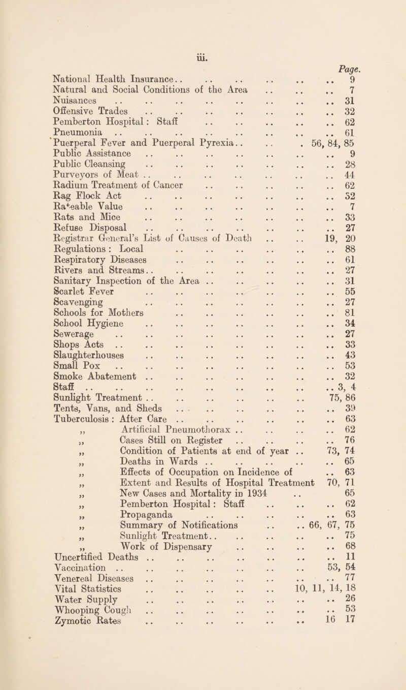 U1 Page. National Health Insurance ..9 Natural and Social Conditions of the Area ., 7 Nuisances .. 31 Offensive Trades .. 32 Pemberton Hospital: Staff .. 62 Pneumonia .. 61 Puerperal Fever and Puerperal Pyrexia . 56,84,85 Public Assistance .. 9 Public Cleansing .. 28 Purveyors of Meat .. 44 Eadium Treatment of Cancer .. 62 Eag Flock Act .. 32 Eateable Value .. 7 Eats and Mice .. 33 Eet’use Disposal .. 27 Eegistrar General’s List of Causes of Death 19, 20 Eegulations : Local .. 88 Eespiratory Diseases 61 Eivers and Streams .. 27 Sanitary Inspection of the Area .. 31 Scarlet Fever .. 55 Scavenging ..27 Schools for Mothers ..81 School Hygiene .. 34 Sewerage .. 27 Shops Acts .. 33 Slaughterhouses .. 43 Small Pox .. 53 Smoke Abatement .. 32 Staff .. .. .. .. .. .. .. .. 3, 4 Sunlight Treatment 75, 86 Tents, Vans, and Sheds . .. 39 Tuberculosis : After Care .. 63 ,, Artificial Pneumothorax .. .. 62 ,, Cases Still on Eegister .. 76 „ Condition of Patients at end of year 73, 74 „ Deaths in Wards .. 65 „ Effects of Occupation on Incidence of .. 63 „ Extent and Eesults of Hospital Treatment 70, 71 „ New Cases and Mortality in 1934 65 „ Pemberton Hospital: Staff .. 62 „ Propaganda .. 63 „ Summary of Notifications .. 66, 67, 75 „ Sunlight Treatment .. 75 „ Work of Dispensary .. 68 Uncertified Deaths .. 11 Vaccination 53, 54 Venereal Diseases .. 77 Vital Statistics 10, 11, 14, 18 Water Supply ..26 Whooping Cough .. 53 Zymotic Eates 16 17