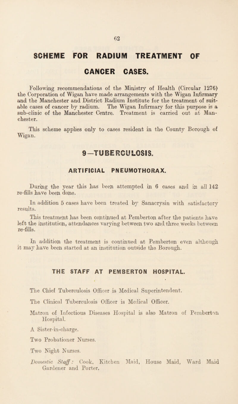 SCHEME FOR RADIUM TREATMENT OF CANCER CASES. Following recommendations of tlie Ministry of Health (Circular 1276} the Corporation of Wigan have made arrangements with the Wigan Infirmary and the Manchester and District Radium Institute for the treatment of suit¬ able cases of cancer by radium. The Wigan Infirmary for this purpose is a sub-clinic of the Manchester Centre. Treatment is carried out at Man¬ chester. This scheme applies only to cases resident in the County Borough of Wigan. 9—TUBERCULOSIS. ARTIFICIAL PNEUMOTHORAX. During the year this has been attempted in 6 cases and in all 142 re-fills have been done. In addition 5 cases have been treated by Sanacrysin with satisfactory results. This treatment has been continued at Pemberton after the patients have left the institution, attendances varying between two and three weeks between re-fills. In addition the treatment is continued at Pemberton even although it may have been started at an institution outside the Borough. THE STAFF AT PEMBERTON HOSPITAL. The Chief Tuberculosis Officer is Medical Superintendent. The Clinical Tuberculosis Officer is Medical Officer. Matron of Infectious Diseases Hospital is also Matron of Pemberton Hospital. A Sister-in-charge. Two Probationer Nurses. Two Night Nurses. Domestic Staff: Cook, Kitchen Maid, House Maid, Ward Maid Gardener and Porter.
