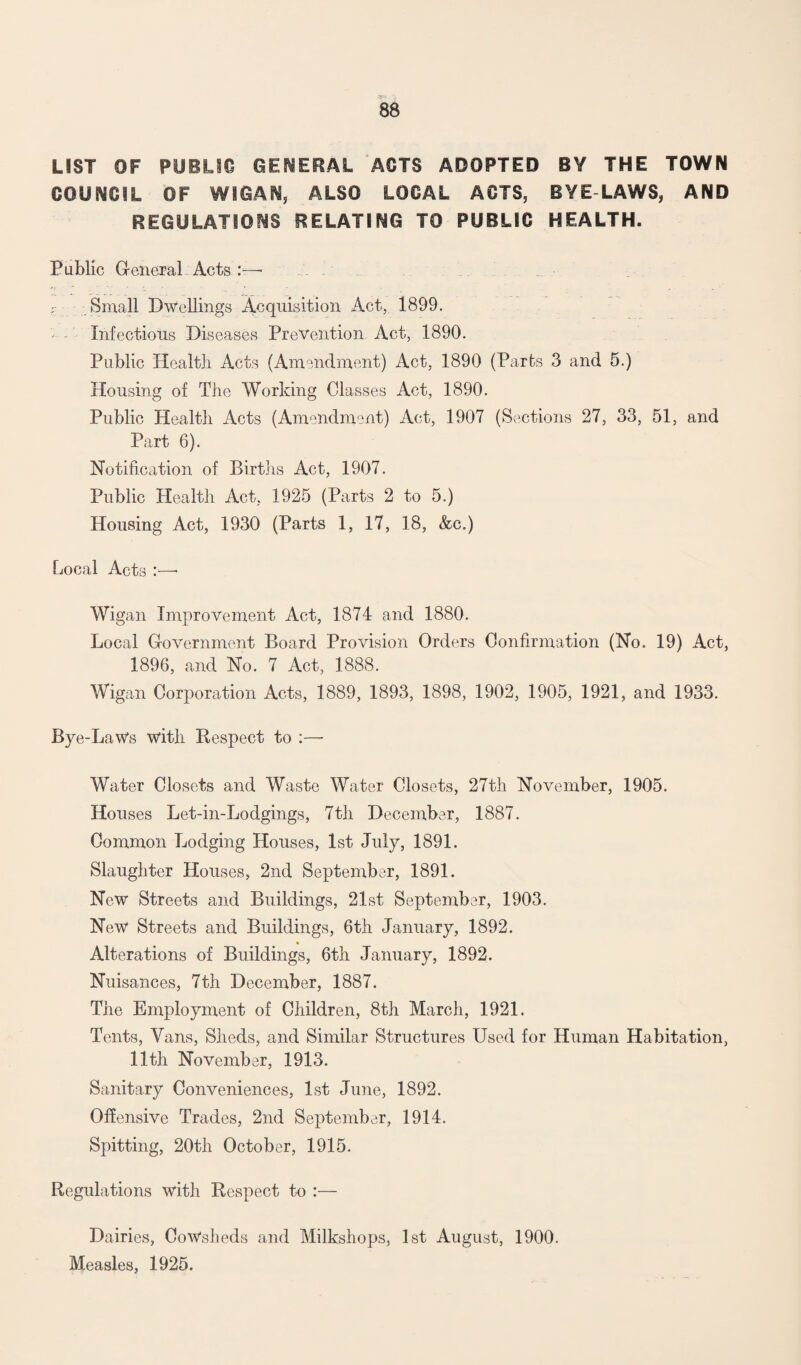 LIST OF PUBLIC GENERAL ACTS ADOPTED BY THE TOWN COUNCIL OF WIGAN, ALSO LOCAL ACTS, BYE LAWS, AND REGULATIONS RELATING TO PUBLIC HEALTH. Public General Acts :—- ; Small Dwellings Acquisition Act, 1899. Infections Diseases Prevention Act, 1890. Public Health Acts (Amendment) Act, 1890 (Parts 3 and 5.) Housing of The Working Classes Act, 1890. Public Health Acts (Amendment) Act, 1907 (Sections 27, 33, 51, and Part 6). Notification of Births Act, 1907. Public Health Act, 1925 (Parts 2 to 5.) Housing Act, 1930 (Parts 1, 17, 18, &c.) Local Acts :—* Wigan Improvement Act, 1874 and 1880. Local Government Board Provision Orders Confirmation (No. 19) Act, 1896, and No. 7 Act, 1888. Wigan Corporation Acts, 1889, 1893, 1898, 1902, 1905, 1921, and 1933. Bye-LaWs with Respect to :— Water Closets and Waste Water Closets, 27th November, 1905. Houses Let-in-Lodgings, 7th December, 1887. Common Lodging Houses, 1st July, 1891. Slaughter Houses, 2nd September, 1891. New Streets and Buildings, 21st September, 1903. New Streets and Buildings, 6th January, 1892. Alterations of Buildings, 6th January, 1892. Nuisances, 7th December, 1887. The Employment of Children, 8th March, 1921. Tents, Vans, Sheds, and Similar Structures Used for Human Habitation, 11th November, 1913. Sanitary Conveniences, 1st June, 1892. Offensive Trades, 2nd September, 1914. Spitting, 20th October, 1915. Regulations with Respect to :— Dairies, Cowsheds and Milkshops, 1st August, 1900. Measles, 1925.