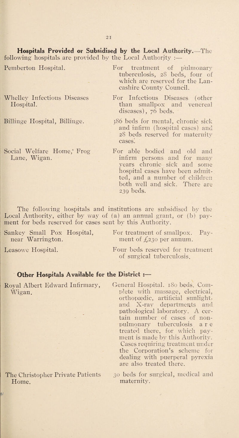 Hospitals Provided or Subsidised by the Local Authority,—The following hospitals are provided by the Local Authority :— Pemberton Hospital. Wlielley Infectious Diseases Hospital. Billinge Plospital, Billinge. Social Welfare Home/ Frog Lane, Wigan. Por treatment of pulnionarx^ tuberculosis, 28 beds, four of which are reserved for the Lan¬ cashire County Council. For Infectious Diseases (other than smallpox and venereal diseases), 76 beds. 386 beds for mental, chronic sick and infirm (hospital cases) and 28 beds reserved for maternit\^ cases'. For able bodied and old and infirm persons and for many years chronic sick and some hospital cases have been admit¬ ted, and a number of children both well and sick. There are 239 beds. The following hospitals and institutions are subsidised by the Local Authority, either by way of (a) an annual grant, or (b) pay¬ ment for beds reserved for cases sent by this i\uthority. Sankey Small Pox Hospital, For treatment of smallpox. Pay- near Warrington. ment of ;£230 per annum. Leasowe Plospital. Four beds reserved for treatment of surgical tuberculosis. Other Hospitals Available for the District :— Royal Albert Edward Infirmary, Wigan. The Christopher Private Patients Home. General Plospital. 180 beds. Com¬ plete with massage, electrical, orthopsedic, artificial sunlight, and X-ray departments and pathological laboratory. A cer¬ tain number of cases of 11011- piilmonary tuberculosis are treated there, for which pay¬ ment is made by this Authority. Cases requiring treatment under the Corporation’s scheme for dealing with puerperal pyrexia are also treated there. 30 beds for surgical, medical and maternity.