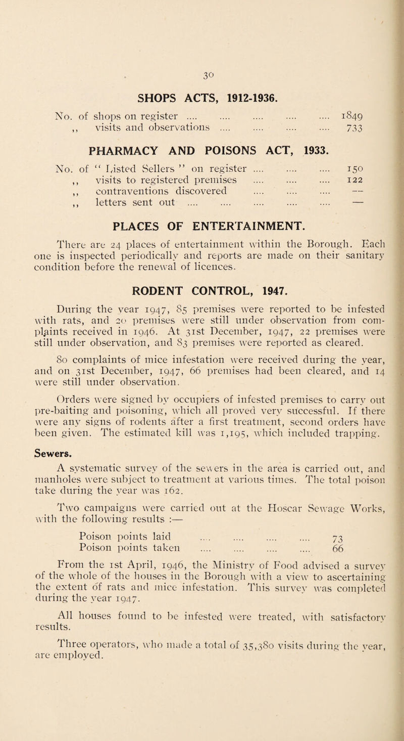 SHOPS ACTS, 1912-1936. No. of shops on register .... .... .... .... .... 1849 ,, visits and observations .... .... .... .... 733 PHARMACY AND POISONS ACT, 1933. No. of lasted Sellers ” on register. 150 ,, visits to registered premises .... .... .... 122 ,, contraventions discovered .... .... .... — ,, letters sent out .... . .... .... — PLACES OF ENTERTAINMENT. There are 24 places of entertainment within the Borough. Each one is inspected periodically and reports are made on their sanitary condition before the renewal of licences, RODENT CONTROL, 1947. During the year 1947, 85 premises were reported to be infested with rats, and 20 premises were still under observation from com¬ plaints received in 1946. At 31st December, 1947, 22 premises were still under observation, and 83 premises were reported as cleared. 80 complaints of mice infestation were received during the year, and on 31st December, 1947, 66 premises had been cleared, and 14 were still under observation. Orders were signed by occupiers of infested premises to carry out pre-baiting and poisoning, which all proved very successful. If there were any signs of rodents after a first treatment, second orders have been given. The estimated kill was 1,195, which included trapping. Sewers. A systematic survey of the sevsers in the area is carried out, and manholes were subject to treatment at various times. The total poison take during the year was 162. Two campaigns were carried out at tlie Hoscar vSewage Works, with the following results :— Poison points laid .... .... .... .... 73 Poison points taken .... .... .... .... 66 From the ist April, 1946, the Ministry of Food advised a survey of the whole of the houses in the Borough with a view to ascertaining the extent of rats and mice infestation. This survey was completed during the 3ear 1947. All houses found to be infested were treated, ^vith satisfactory results. dhree operators, who made a total of 35,380 visits during the vear, are employed.