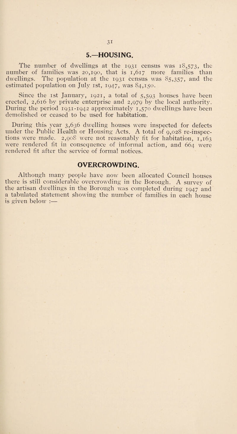 5.—HOUSING. The number of dwellings at the 1931 census was 18,573, the number of families was 20,190, that is 1,617 more families than dwellings. The population at the 1931 census was 85,357, and the estimated population on Jul}^ ist, 1947, was 84,150. Since the ist January, 1921, a total of 5,593 houses have been erected, 2,616 by private enterprise and 2,979 by the local authority. During the period 1931-1942 approximately 1,570 dwellings have been demolished or ceased to be used for habitation. During this year 3,636 dwelling houses were inspected for defects under the Public Health or Housing Acts. A total of 9,028 re-inspec¬ tions were made. 2,908 were not reasonably fit for habitation, 1,163 were rendered fit in consequence of informal action, and 664 were rendered fit after the service of formal notices. OVERCROWDING. Although many people have now been allocated Council houses there is still considerable overcrowding in the Borough. A survey of the artisan dwellings in the Borough was completed during 1947 and a tabulated statement showing the number of families in each house is given below :—
