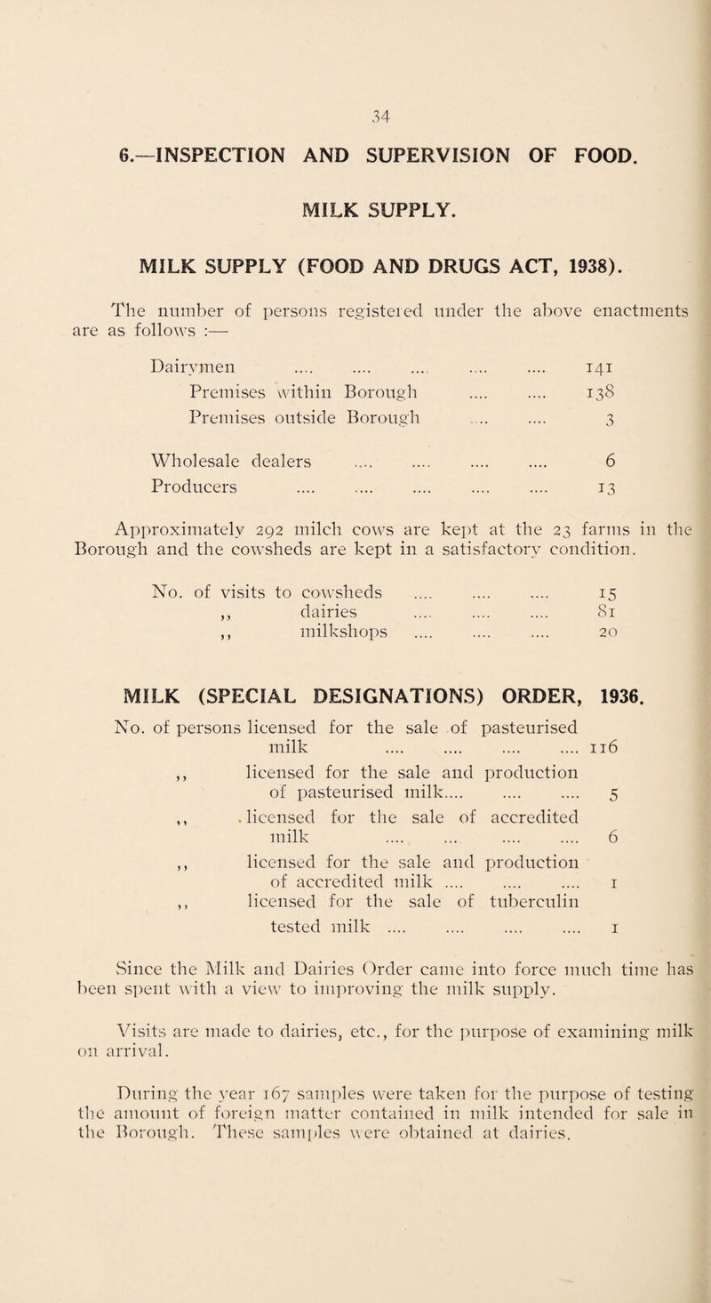 6.-~INSPECTI0N AND SUPERVISION OF FOOD. MILK SUPPLY. MILK SUPPLY (FOOD AND DRUGS ACT, 1938). The number of persons registered under the above enactments are as follows :— Dairymen .... .... .... .... .... 141 Premises within Borough .... .... 138 Premises outside Borough .... 3 Wholesale dealers .... .... .... .... 6 Producers .... .... .... .... .... 13 Approximately 292 milch cows are kept at the 23 farms in the Borough and the cowsheds are kept in a satisfactory condition. No. of visits to cowsheds .... .... .... 15 ,, dairies .... .... .... Si ,, milkshops .... .... .... 20 MILK (SPECIAL DESIGNATIONS) ORDER, 1936. No. of persons licensed for the sale of pasteurised milk .... .... .... .... 116 ,, licensed for the sale and production of pasteurised milk.... .... .... 5 ,, .licensed for the sale of accredited milk .... ... .... .... 6 ,, licensed for the sale and production of accredited milk .... .... .... i ,, licensed for the sale of tuberculin tested milk .... .... .... .... i Since the Milk and Dairies Order came into force much time has been spent with a view^ to improving the milk supply. Visits are made to dairies, etc., for the jmrpose of examining milk on arrival. During the year 167 samples were taken for the purpose of testing the amount of foreign matter contained in milk intended for sale in the Borough. These samples were olitained at dairies.
