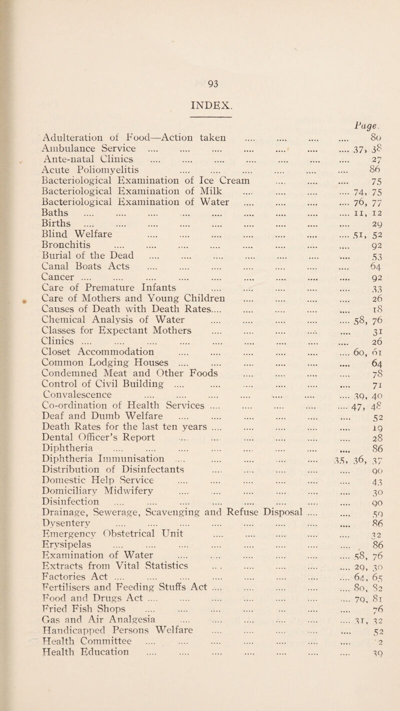 INDEX. Adulteration of Food—Action taken •••• •••• • • • • Paqe. 8o Ambulance Service • • • • •••• • • • • 00 rO .^1 Ante-natal Clinics •••• •••• .... 27 iVcute Poliomyelitis . •••• •••• • • • • 86 Bacteriological Examination of Ice Cream . • • • • 75 Bacteriological Examination of Milk .... 74, 75 Bacteriological Examination of Water • • • • •••• • • • • 76, 77 Rn fji c -U Cl vlAO •••• •••• •••« *. • • • •••• •••• •••• •••• . . . . 11, 12 Births •••• •••• • • • • 29 Blind Welfare . •••• •••• • • • • 5i, 52 Bronchitis •••• •••• • • • <t 92 Burial of the Dead •••• •••• • • • • 53 Canal Boats Acts a a ♦ • 64 Cancer .... • •at* •••• • • • • 92 Care of Premature Infants • • • • 33 Care of Mothers and Young Children . 26 Causes of Death with Death Rates.... . 18 Chemical Analysis of Water • ••• •••• .... 58, 76 Classes for Expectant Mothers .... . . .*. • • • • 31 Clinics .... • ••• •••• • • • • 20 Closet Accommodation •••• 60, 61 Common Bodging Houses .... • ••• •••• • • • • 64 Condemned Meat and Other Foods • ••• •••• .... 78 Control of Civil Building .... .... . . . . • • • • 7i Convalescence ',... •••• .... 3Q, 40 Co-ordination of Health Services .... 47, 48 Deaf and Dumb Welfare 52 Death Rates for the last ten years .... .... 19 Dental Officer’s Report .... 28 Diphtheria - • . 0 j • . • 86 Diphtheria Immunisation .... .... ,,,, 35, 36, 37 Distribution of Disinfectants • ••• •••• . • 9 • 90 43 Domestic Help Service • ••• . Domiciliary Midwifery .... •••• • • • * 30 Disinfection .... •••» • • • • 90 Drainage, Sewerage, Scavenging and Refuse Disposal .... • • • 0 59 Dysentery .... .... • • • • 86 Emergency Obstetrical Unit . . . , •••• .... 32 Erysipelas • • • • .... .... 86 Examination of Water .... .... .... 58, 76 Extracts from Vital Statistics .... .... 29, 39 Factories Act .... .... •••• .... 64, 65 Fertilisers and Feeding Stuffs Act .... .... .... 80, 82 Food and Drugs Act .... .... .... .... 79. 8i Fried Fish Shops ... . • • » 76 Gas and Air Analgesia .... .... .... 31, 32 Handicapped Persons Welfare .... .... • 9 • • 52 Health Committee .... .».. • • • • 2 Health Education . . . » . , • . • « , . ^9