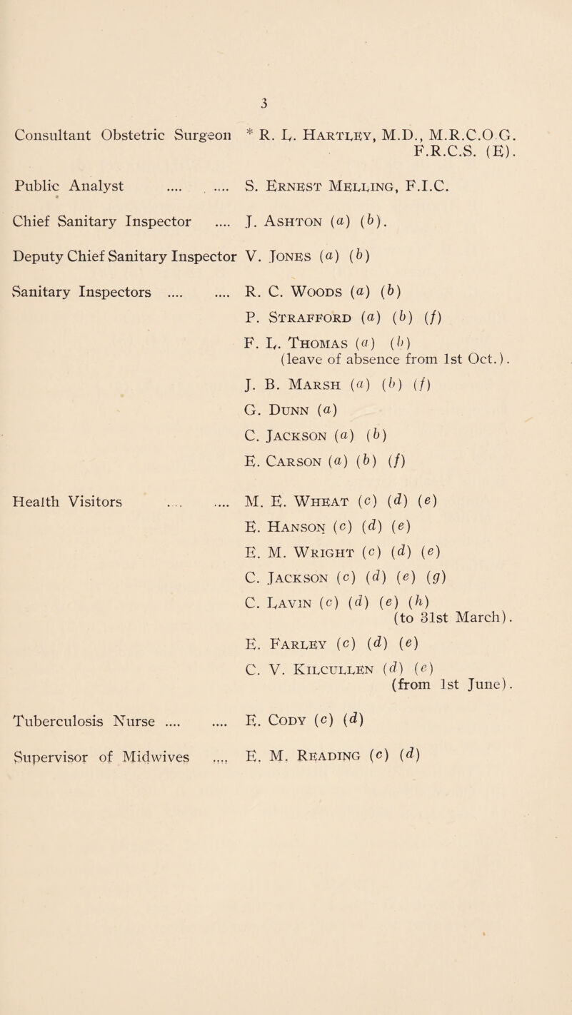 Consultant Obstetric Surgeon * R. E. Hartley, M.D., M.R.C.O.G F.R.C.S. (E) Public Analyst .... .... S. Ernest Meeting, F.I.C. Chief Sanitary Inspector .... J. Ashton {a) (b). Deputy Chief Sanitary Inspector V. Tones (a) (b) Sanitary Inspectors .... .... R. C. Woods (a) (b) P. Strafford (a) (b) (/) F. E. Thomas (a.) (b) (leave of absence from 1st Oct.) J. B. Marsh (a) (b) (/) G. Dunn (a) C. Jackson {a) (b) E. Carson (a) (b) (/) Health Visitors .... M. E. Wheat (c) (d) (e) E. Hanson (c) (d) (e) E. M. Wright (c) (d) (e) C. Jackson (c) (d) (e) (g) C. Eavin (c) (d) (e) (h) (to 31st March) E. Fareey (c) (d) (e) C. V. KiecueeEn (d) (e) (from 1st June) Tuberculosis Nurse .... .... E. Cody (c) (d)