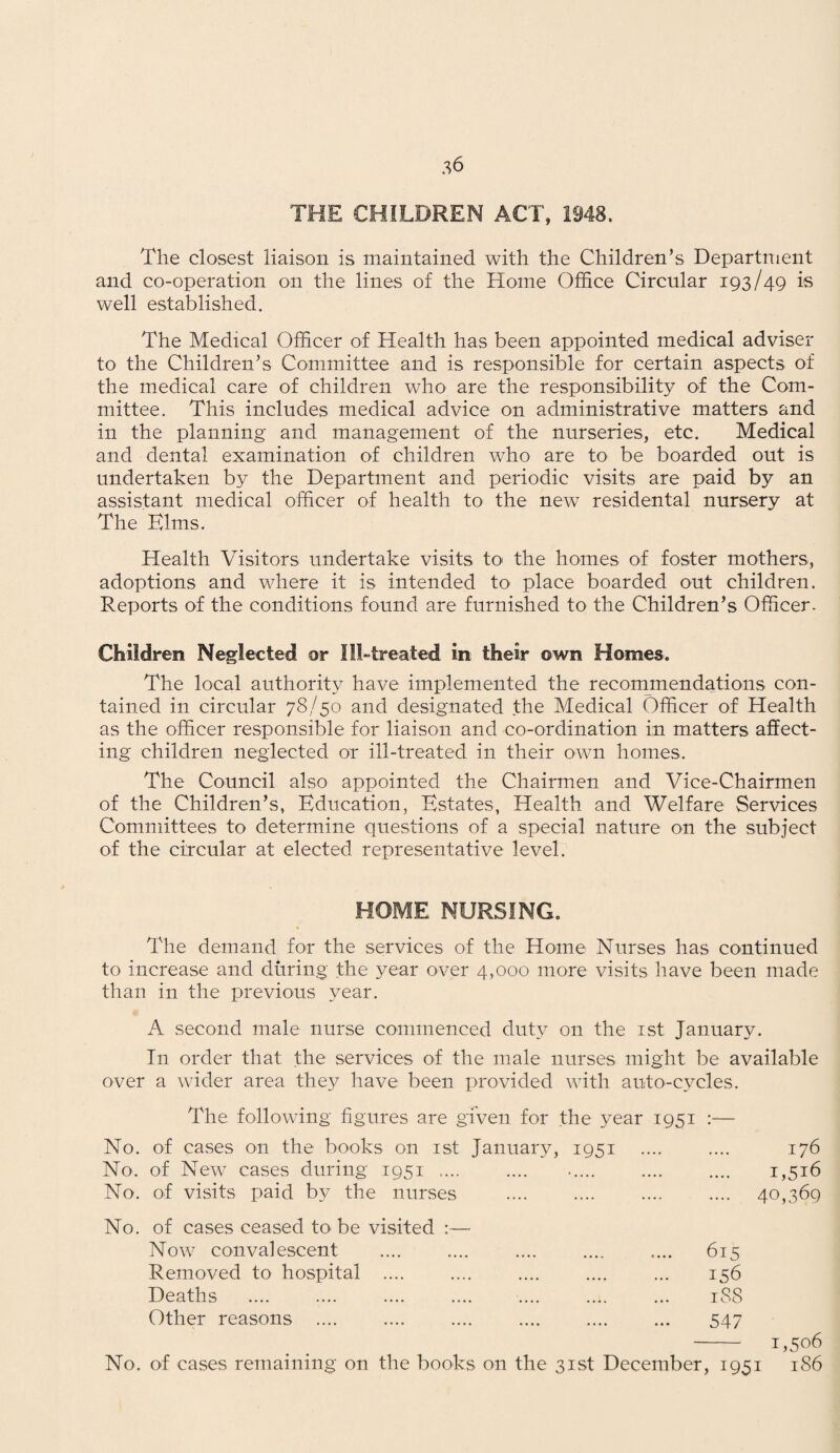 THE CHILDREN ACT, 1948. The closest liaison is maintained with the Children’s Department and co-operation on the lines of the Home Office Circular 193/49 is well established. The Medical Officer of Health has been appointed medical adviser to the Children’s Committee and is responsible for certain aspects of the medical care of children who are the responsibility of the Com¬ mittee. This includes medical advice on administrative matters and in the planning and management of the nurseries, etc. Medical and dental examination of children who are to be boarded out is undertaken by the Department and periodic visits are paid by an assistant medical officer of health to the new residental nursery at The Kims. Health Visitors undertake visits to the homes of foster mothers, adoptions and where it is intended to place boarded out children. Reports of the conditions found are furnished to the Children’s Officer. Children Neglected or Ill-treated in their own Homes. The local authority have implemented the recommendations con¬ tained in circular 78/50 and designated the Medical Officer of Health as the officer responsible for liaison and co-ordination in matters affect¬ ing children neglected or ill-treated in their own homes. The Council also appointed the Chairmen and Vice-Chairmen of the Children’s, Education, Estates, Health and Welfare Services Committees to determine questions of a special nature on the subject of the circular at elected representative level. HOME NURSING. The demand for the services of the Home Nurses has continued to increase and during the year over 4,000 more visits have been made than in the previous year. A second male nurse commenced duty on the 1st January. I11 order that the services of the male nurses might be available over a wider area they have been provided with auto-cycles. The following figures are given for the year 1951 :— 176 1,516 40,369 615 156 188 547 - 1,506 No. of cases remaining on the books on the 31st December, 1951 186 No. of cases on the books on 1st January, 1951 No. of New cases during 1951 .... No. of visits paid by the nurses No. of cases ceased to be visited :— Now convalescent Removed to hospital .... Deaths Other reasons ....