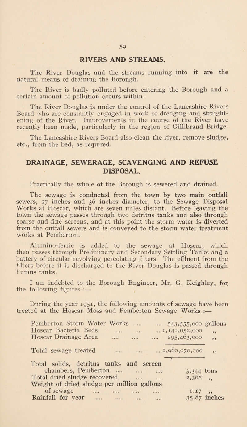 The River Douglas and the streams running into it are the natural means of draining the Borough. The River is badly polluted before entering the Borough and a certain amount of pollution occurs within. The River Douglas is under the control of the Lancashire Rivers Board who are constantly engaged in work of dredging and straight¬ ening of the River. Improvements in the course of the River have recently been made, particularly in the region of Gillibrand Bridge. The Lancashire Rivers Board also clean the river, remove sludge, etc., from the bed, as required. DRAINAGE, SEWERAGE, SCAVENGING AND REFUSE DISPOSAL. Practically the whole of the Borough is sewered and drained. The sewage is conducted from the town by two main outfall sewers, 27 inches and 36 inches diameter, to the Sewage Disposal Works at Hoscar, which are seven miles distant. Before leaving the town the sewage passes through two detritus tanks and also through coarse and fine screens, and at this point the storm water is diverted from the outfall sewers and is conveyed to the storm water treatment works at Pemberton. Alumino-ferri'c is added to the sewage at Hoscar, which then passes through Preliminary and Secondary Settling Tanks and a battery of circular revolving percolating filters. The effluent from the filters before it is discharged to the River Douglas is passed through humus tanks. I am indebted to the Borough Engineer, Mr. G. Keighley, for the following figures :— During the year 1951, the following amounts of sewage have been treated at the Hoscar Moss and Pemberton Sewage Works :— Pemberton Storm Water Works Hoscar Bacteria Beds Hoscar Drainage Area 543,555,000 gallons 1,141,052,000 ,, 295,463,000 ,, Total sewage treated ....1,980,070,000 Total solids, detritus tanks and screen chambers, Pemberton .... Total dried sludge recovered Weight of dried sludge per million gallons of sewage Rainfall for year T 3,344 tons 2,308 ,, 1.17 ,, 35.87 inches